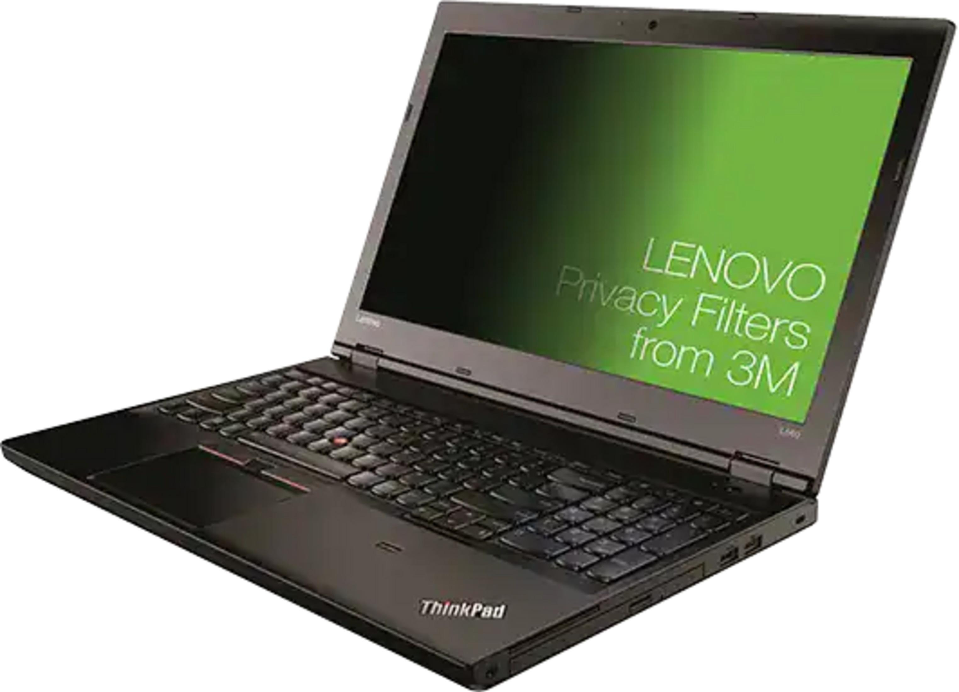 Laptop nero Lenovo ThinkPad con testo filtro privacy sullo schermo.