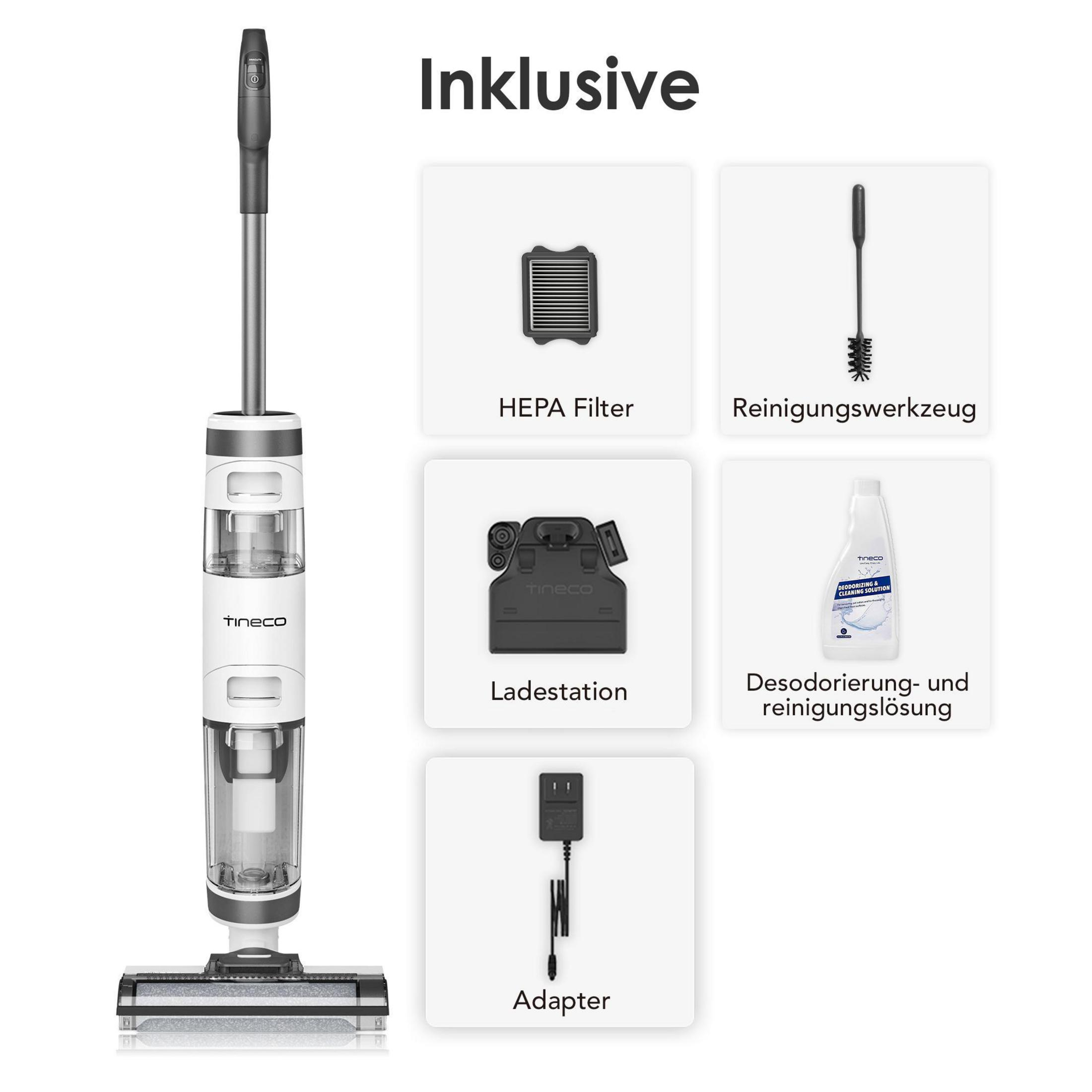 Un limpiador de suelos Tineco con accesorios: filtro HEPA, cepillo, base de carga, solución, adaptador.