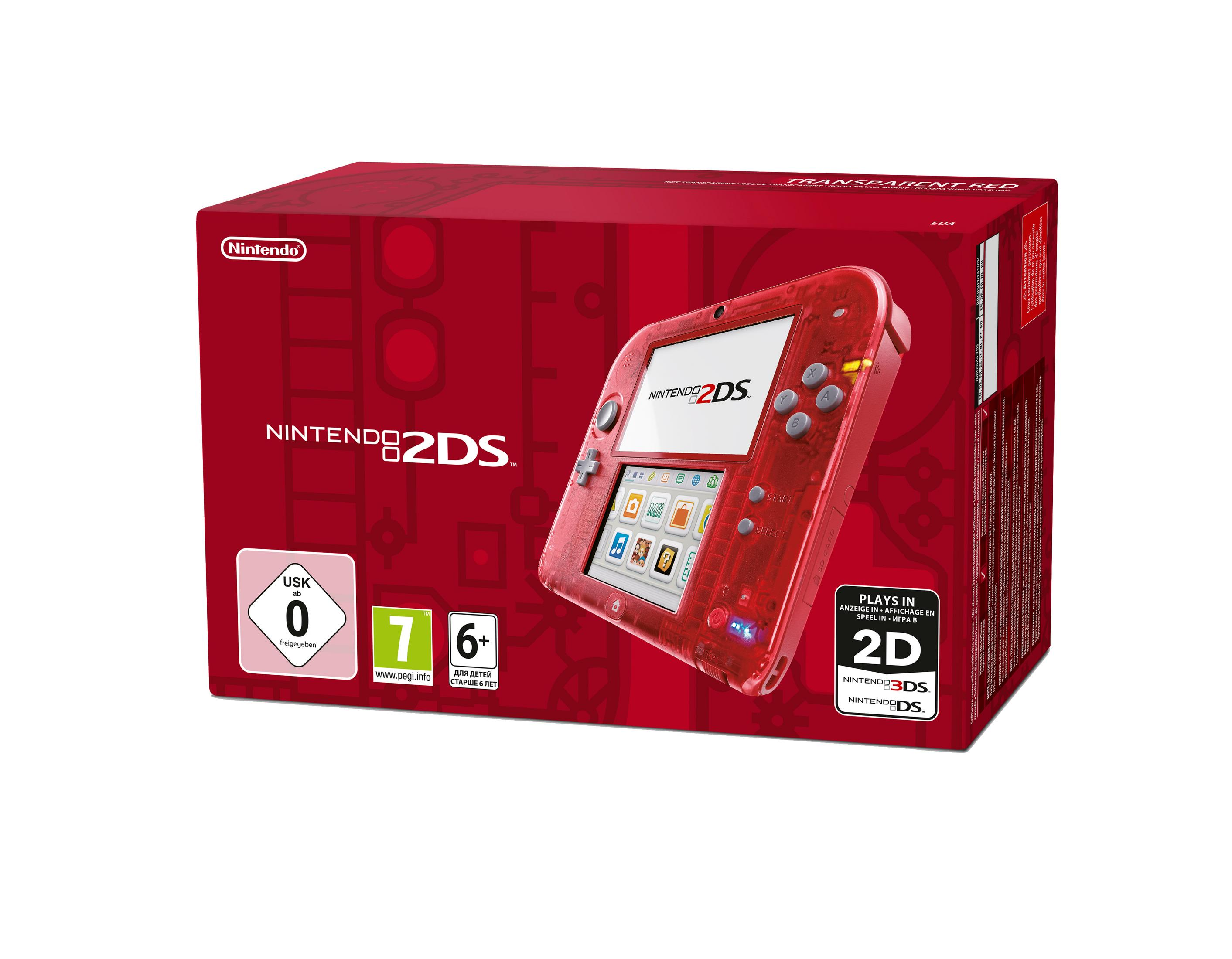 Rode Nintendo 2DS console in transparante behuizing met speldoos en leeftijdsclassificaties.