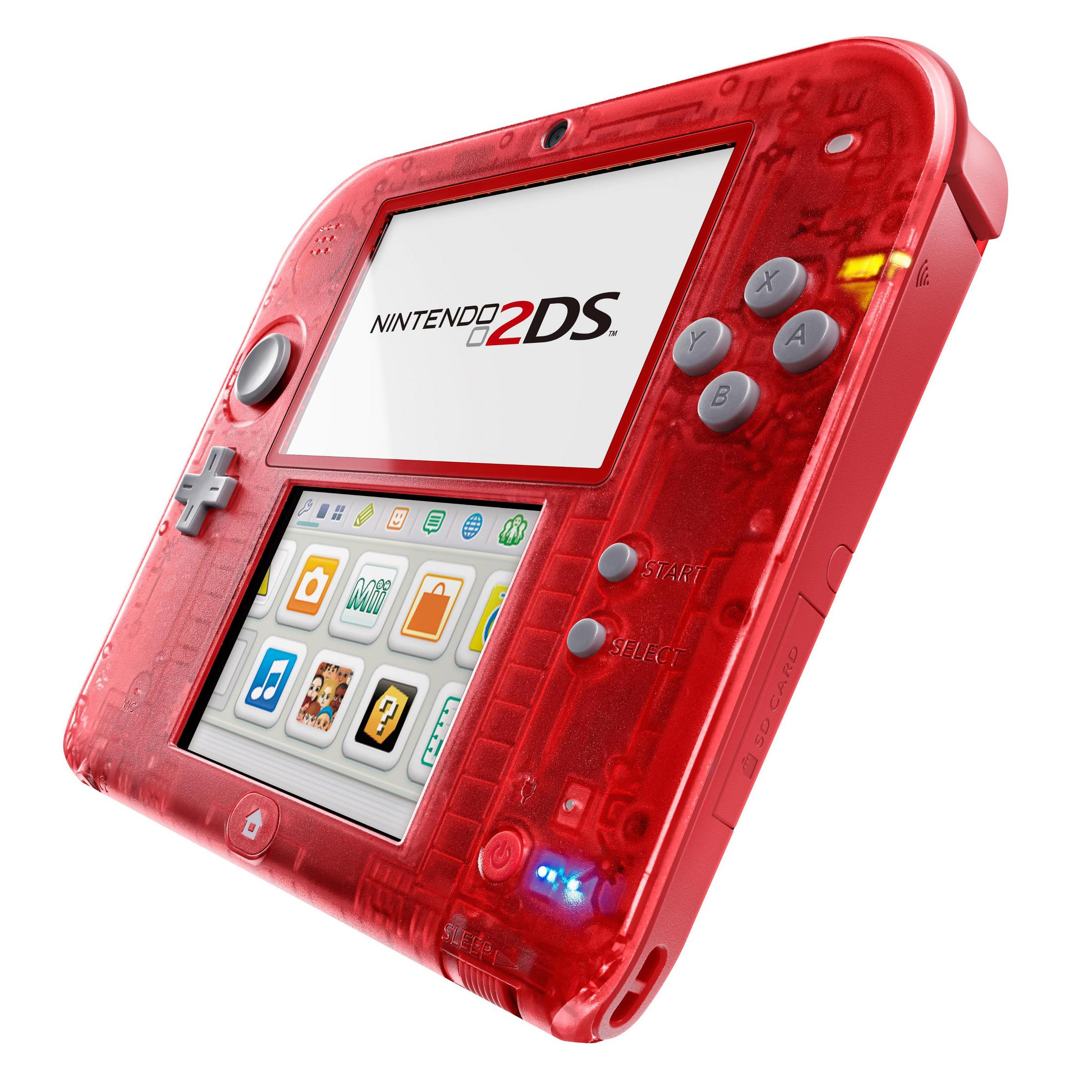 Een transparante rode Nintendo 2DS met touchscreen en spelknoppen.