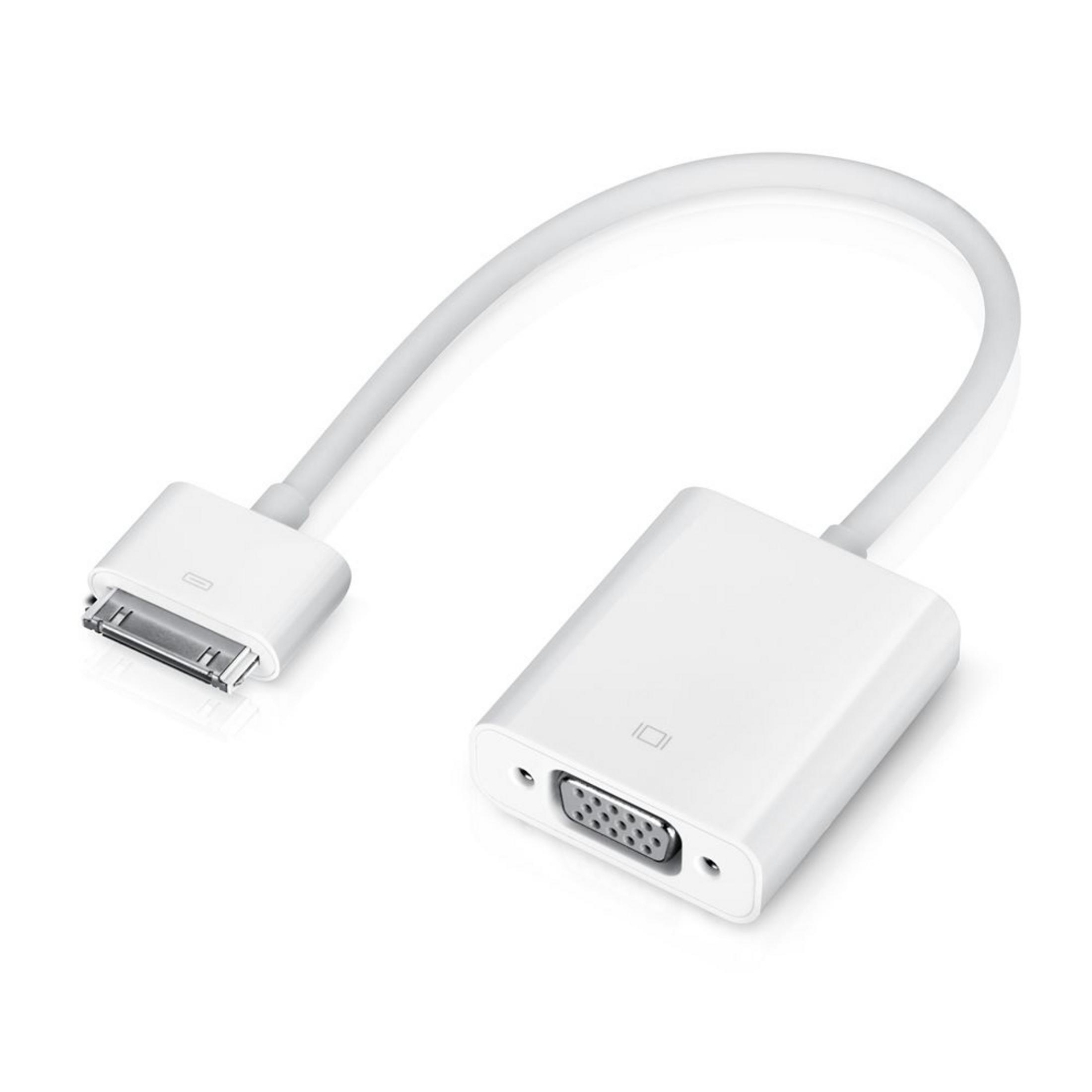 Ein weißer Adapter mit einem 30-Pin-Anschluss und einem VGA-Anschluss.