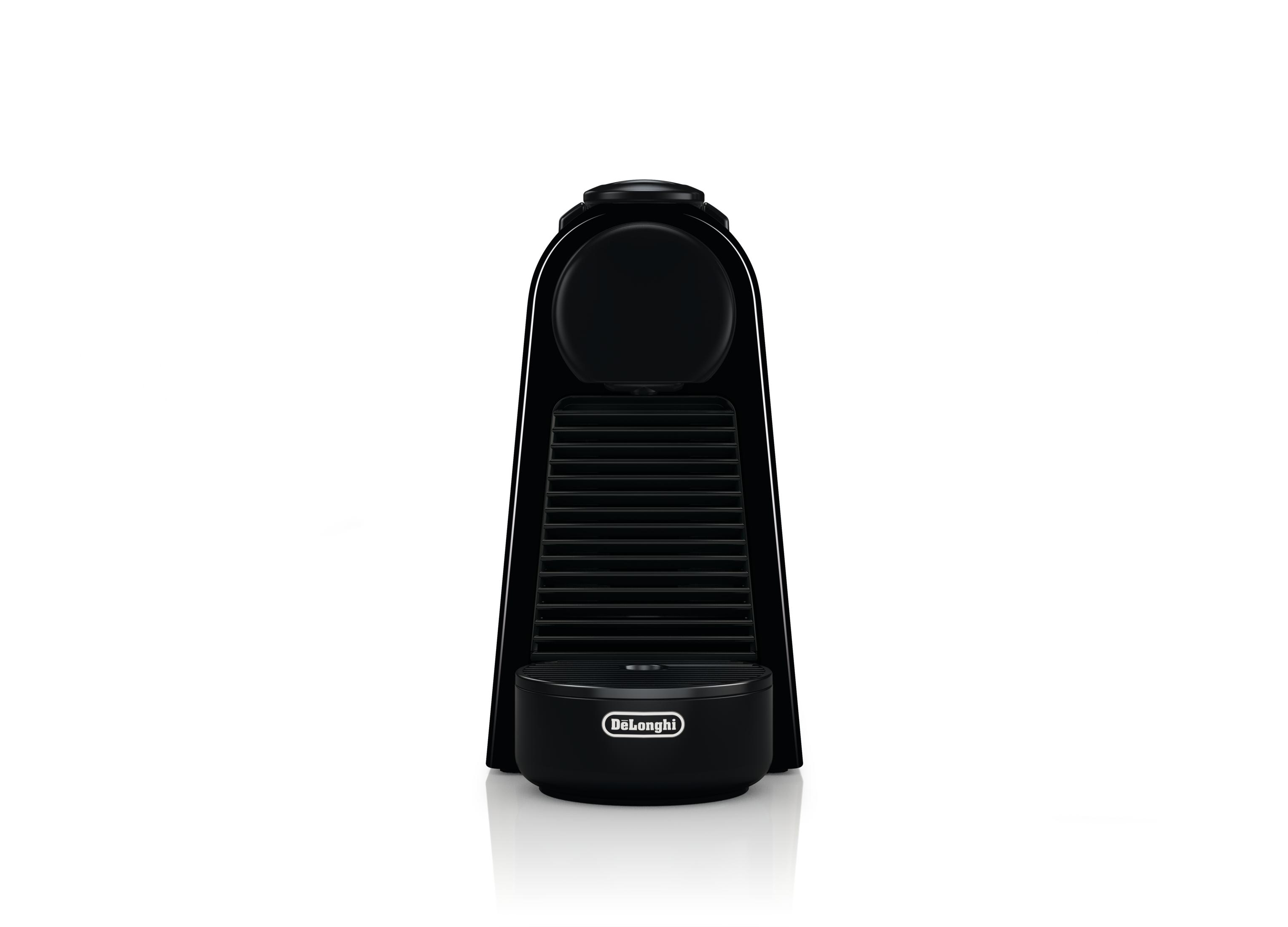 Schwarze DeLonghi Kapselkaffeemaschine, glänzend, mit geripptem Abtropfblech.