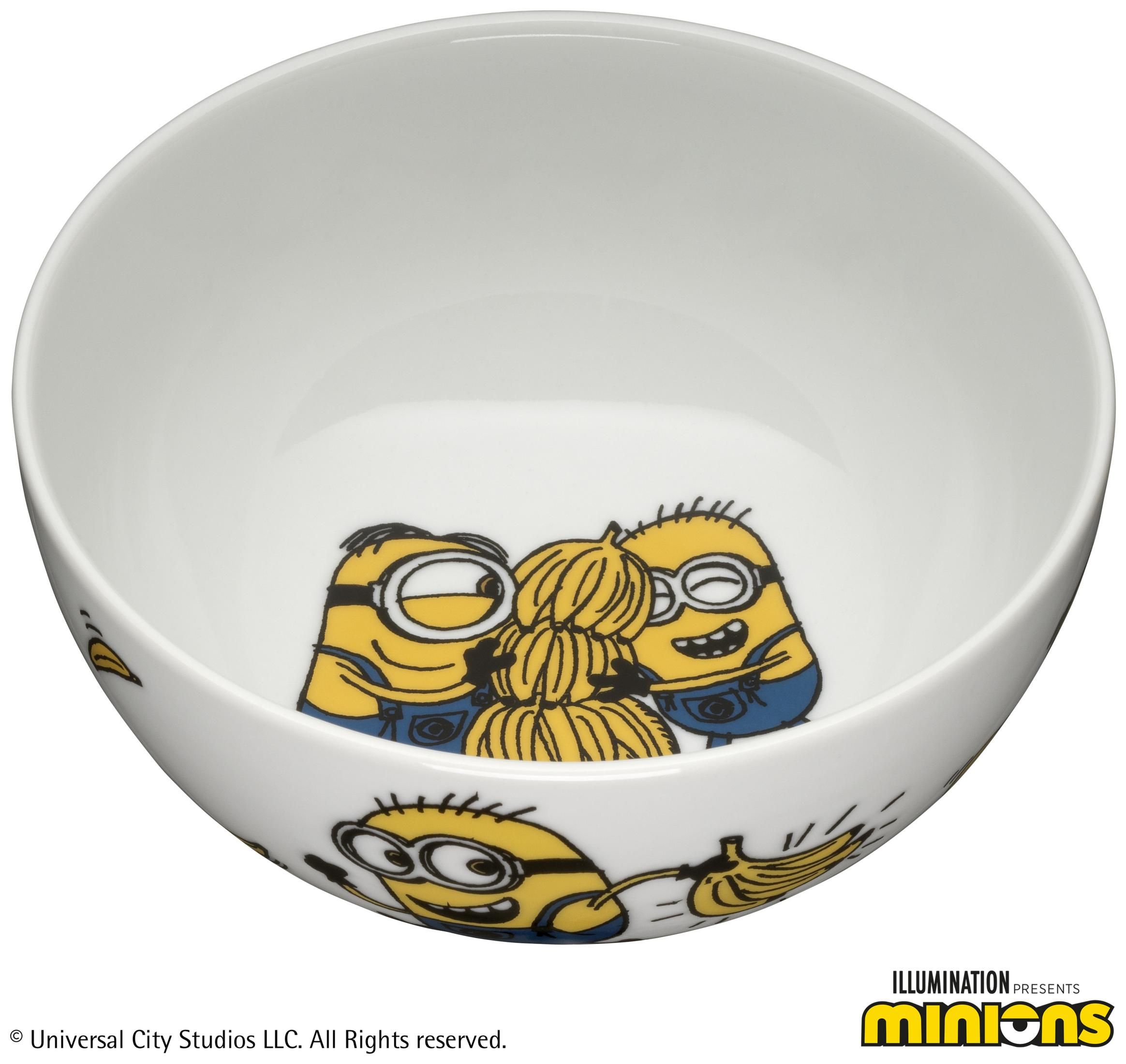 Weiße Schüssel mit Minions-Motiv und Bananen.
