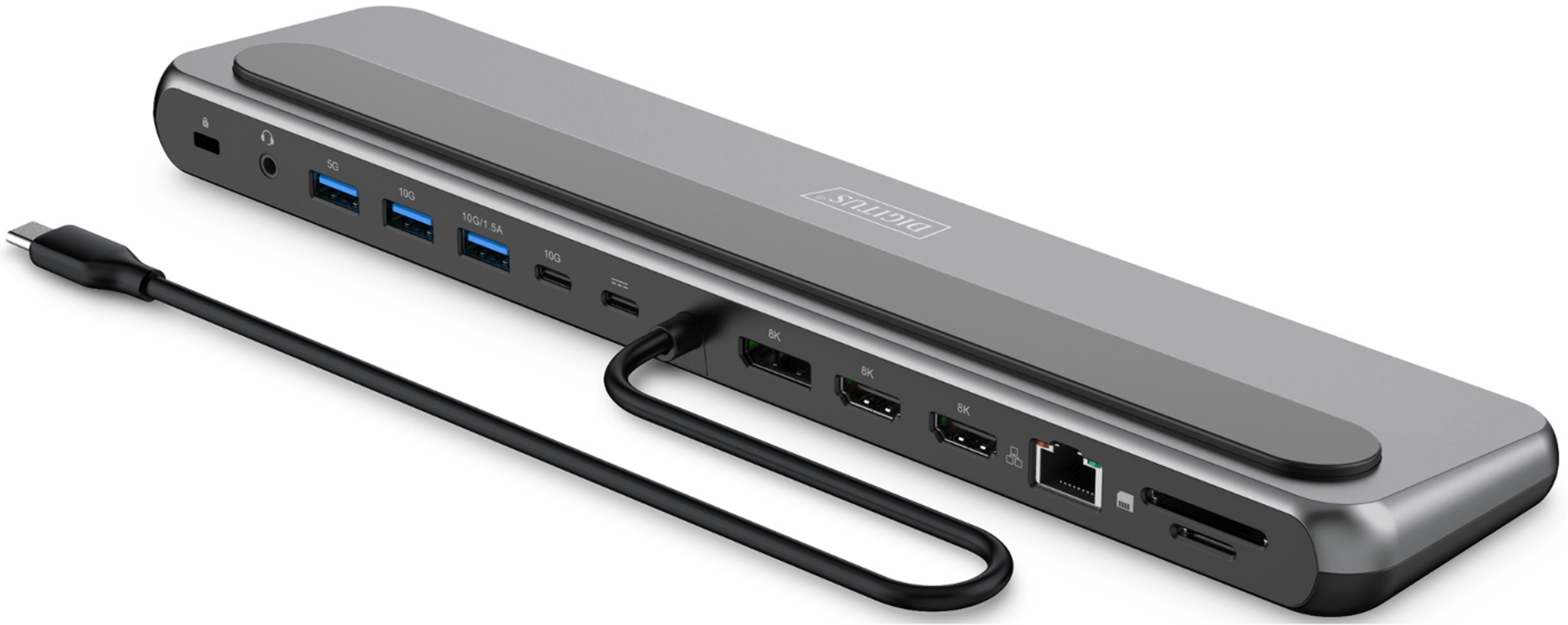 Grauer USB-C-Hub mit mehreren Anschlüssen, einschließlich USB-A, HDMI und Ethernet.