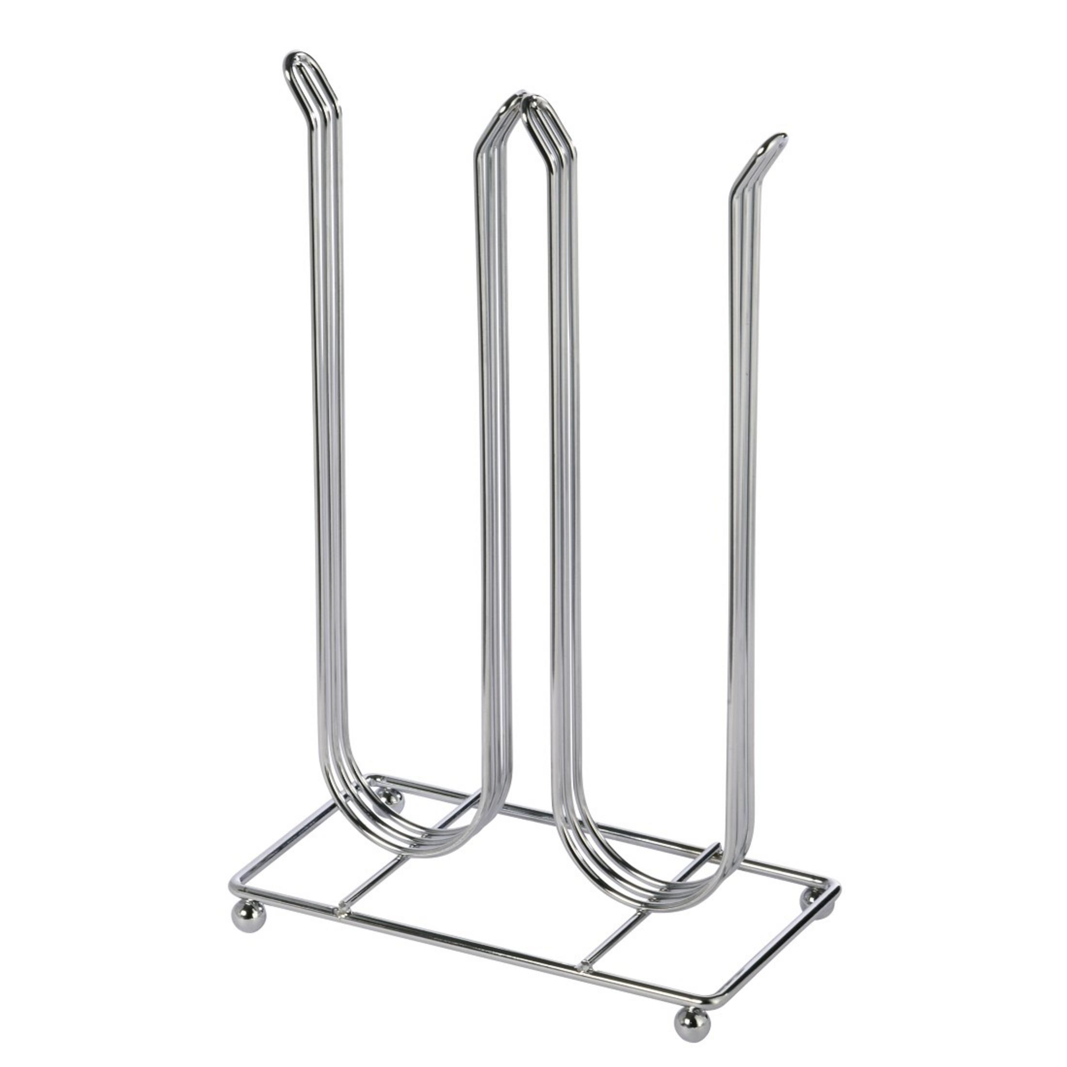Ein glänzender Metallständer mit drei vertikalen Stangen für Papierhandtücher.
