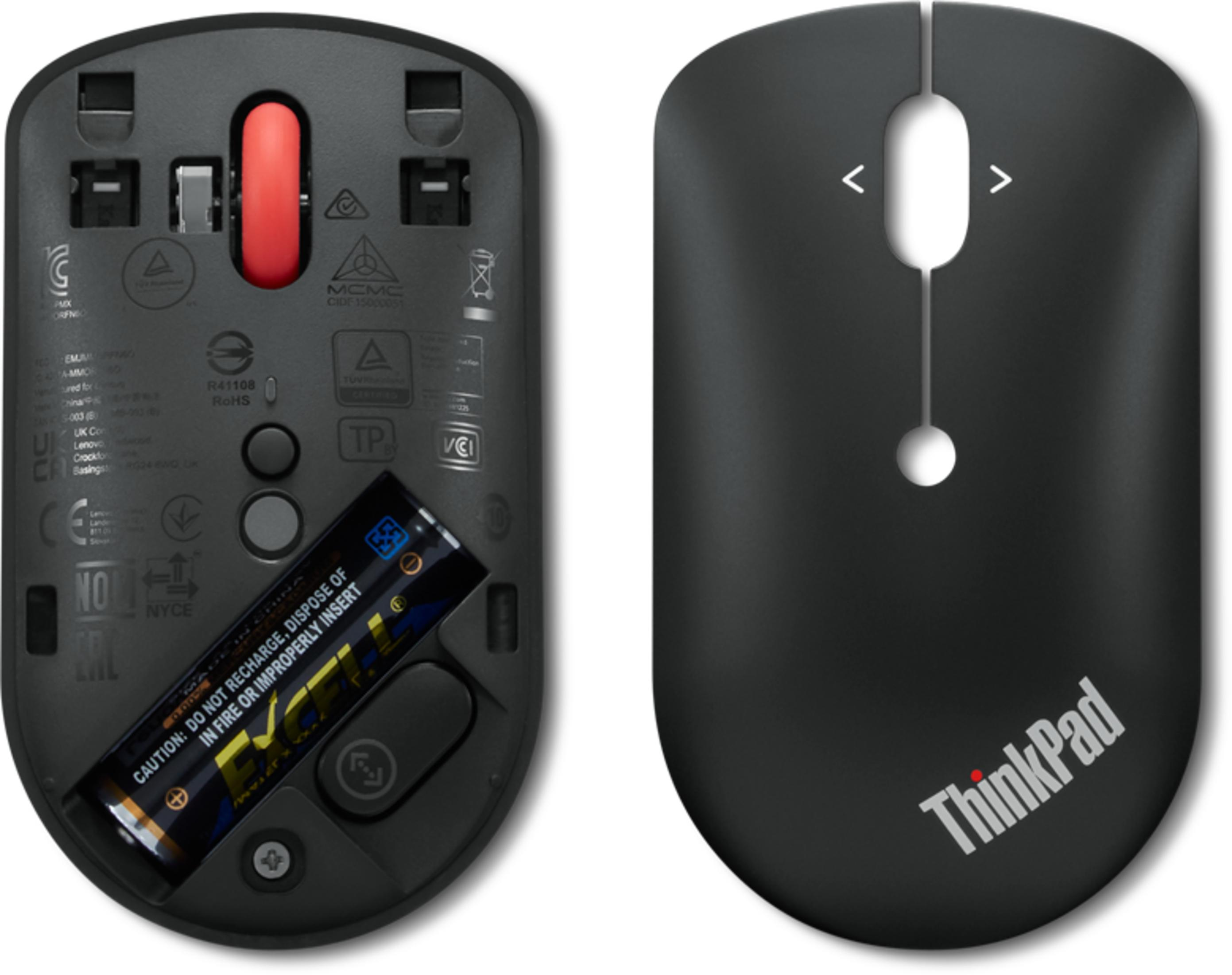 Czarna mysz ThinkPad. Spód pokazuje baterię AA i detale.
