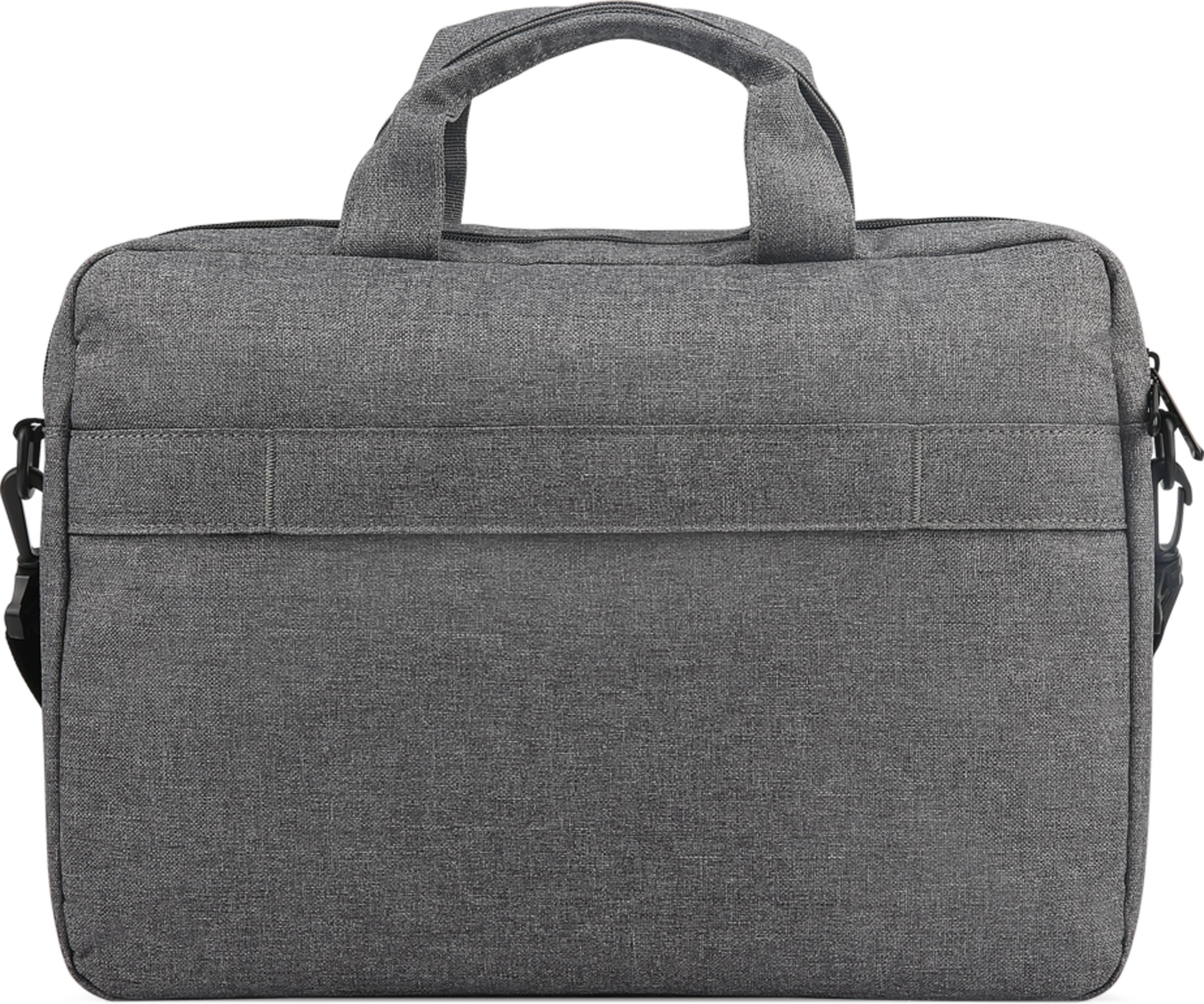 Borsa grigia per laptop con due manici e tracolla. Ha una tasca frontale.
