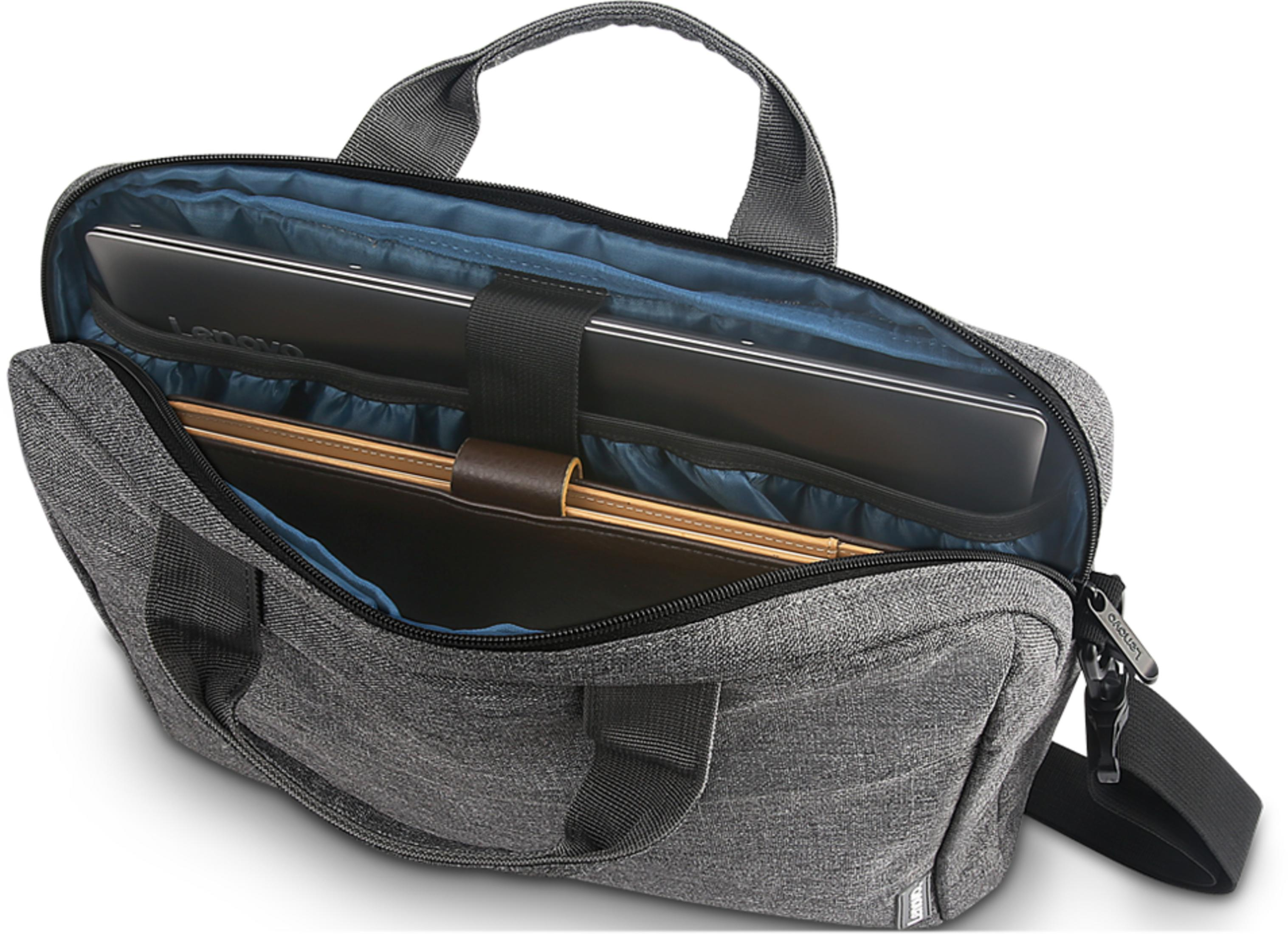 Borsa grigia per laptop con fodera blu, contiene un laptop e documenti.