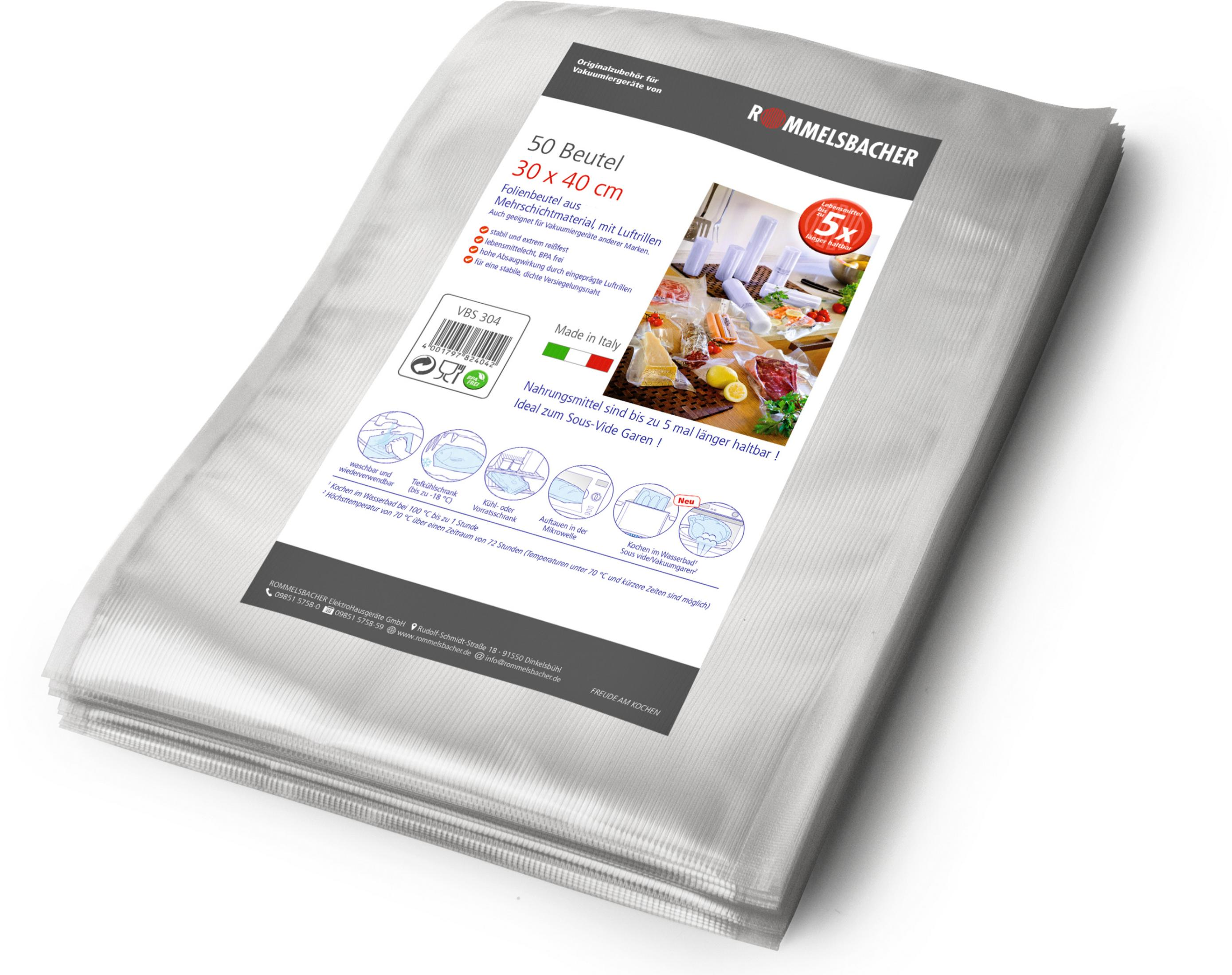 Verpackung mit 50 Vakuumierbeuteln 30x40cm von Rommelsbacher, Made in Italy.