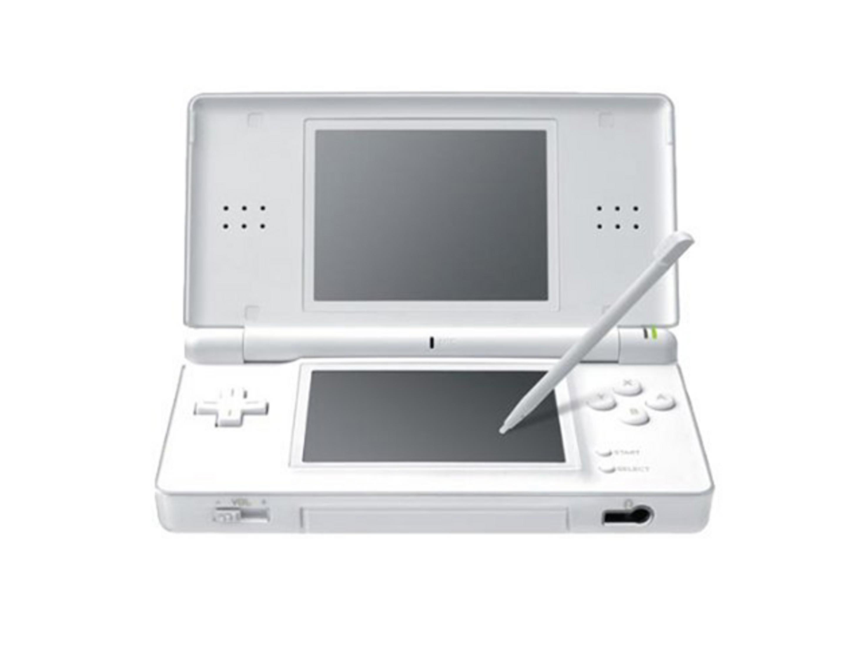 Ein weißes Nintendo DS-Handheld mit zwei Bildschirmen und einem Stylus.