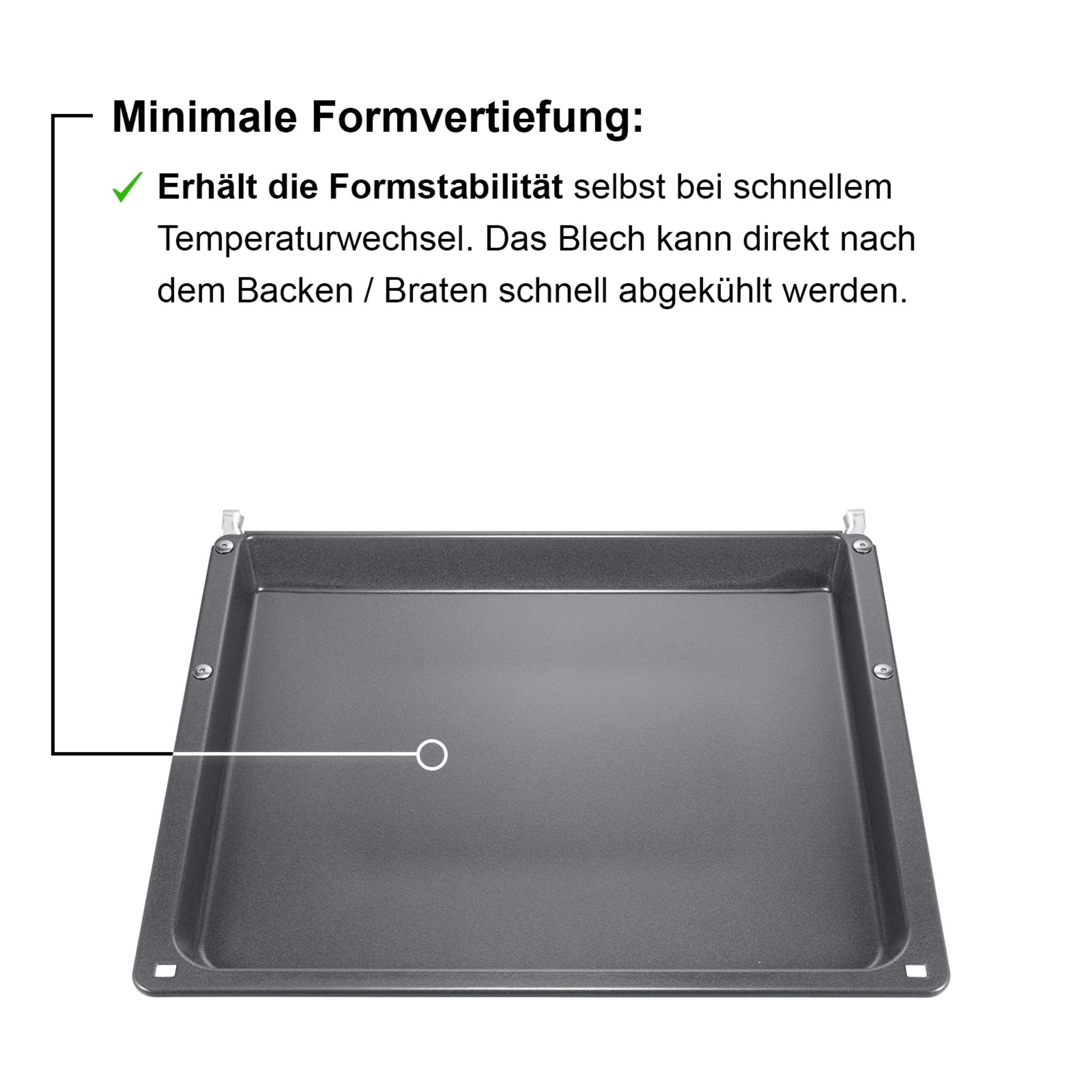 Graues Backblech mit minimaler Vertiefung, das Formstabilität behält.