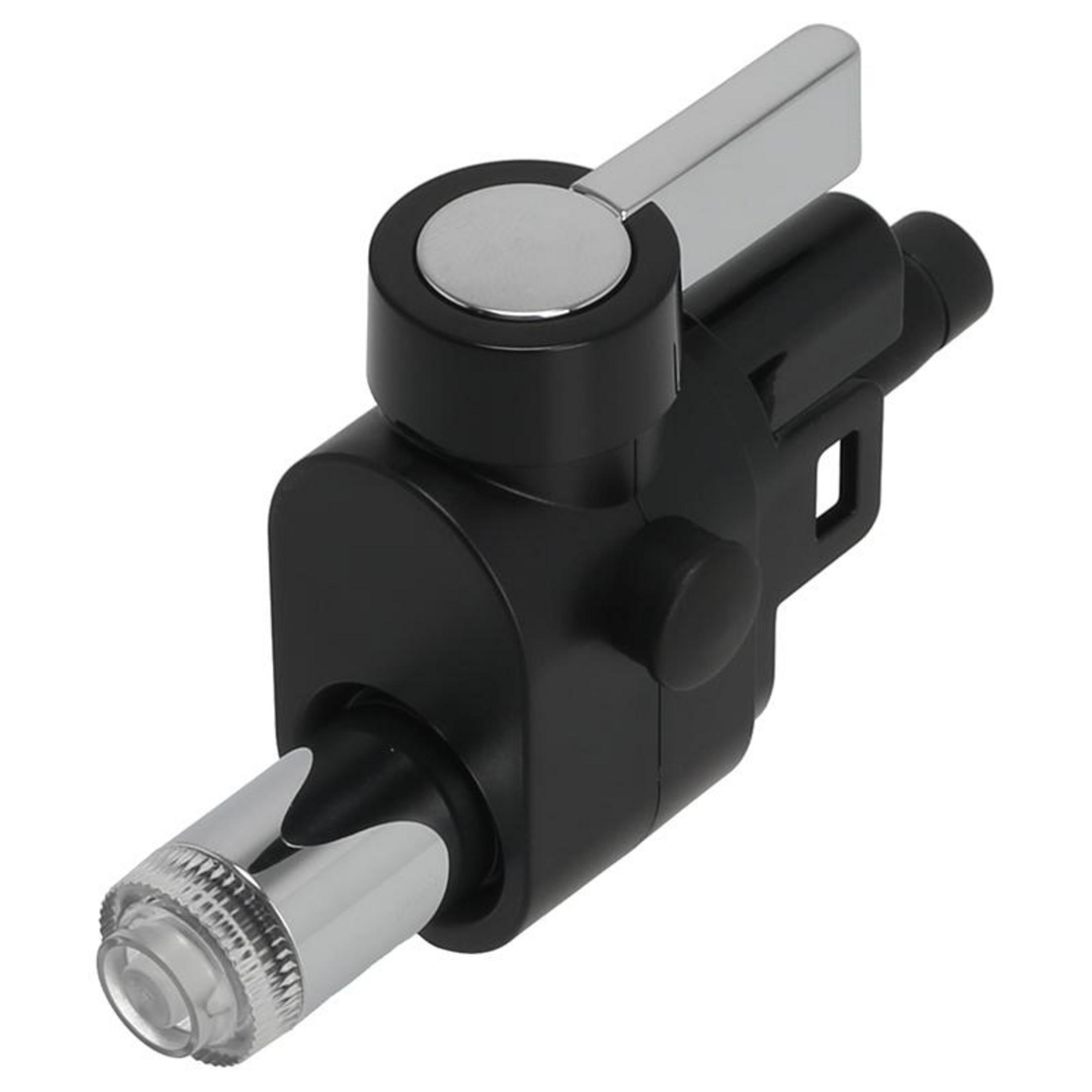 Ein schwarzes Bauteil mit silbernen Akzenten und einem Hebel.
