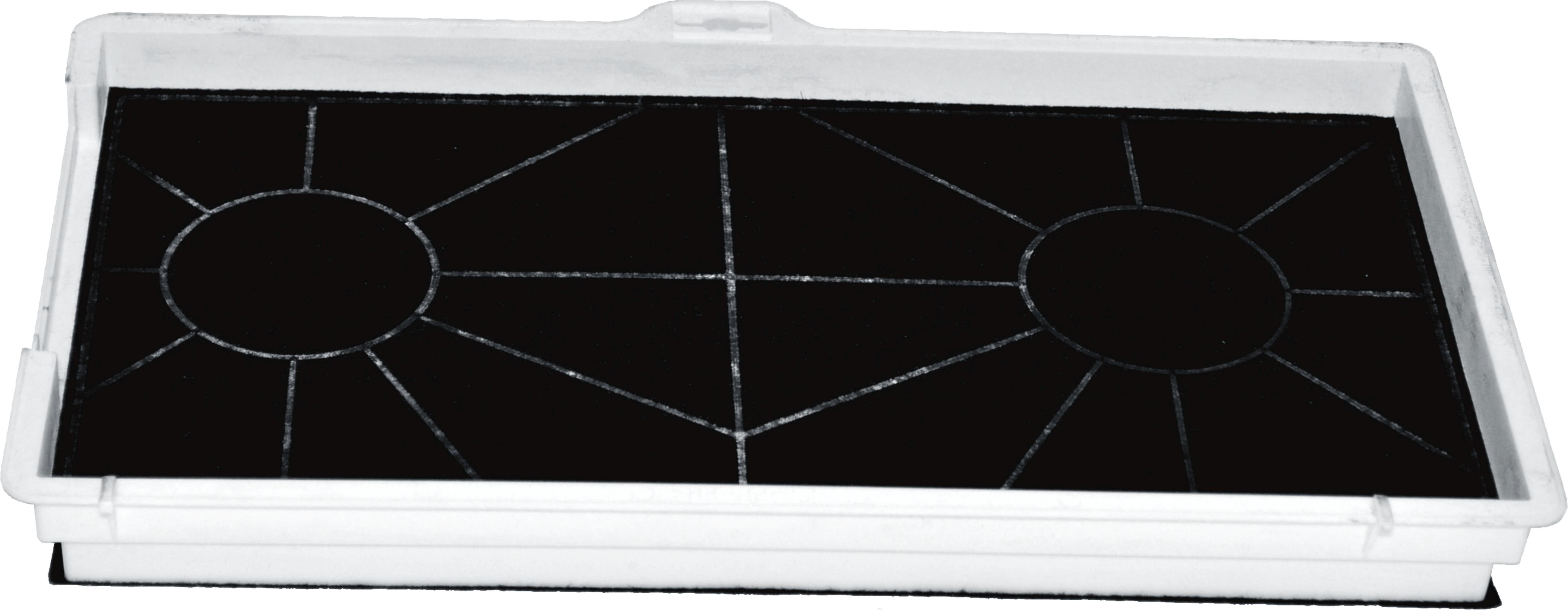 Prostokątny filtr węglowy z białym obramowaniem i czarnym wzorem kratki.