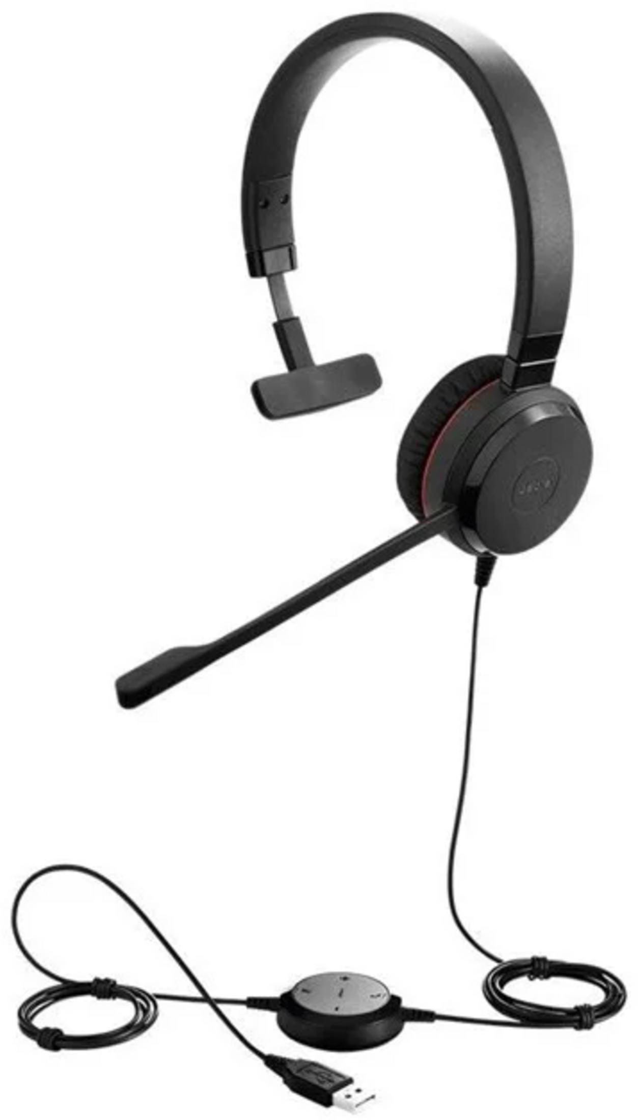 Ein schwarzes Headset mit Mikrofon und USB-Stecker.