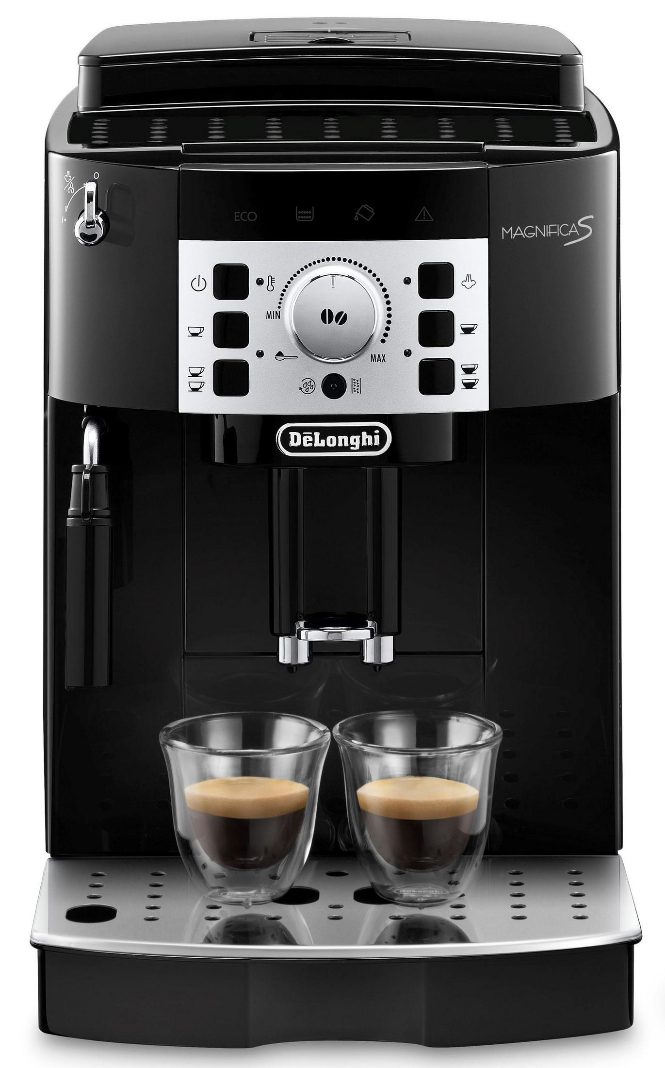 Macchina da caffè nera con due bicchieri di espresso sulla vaschetta raccogligocce.
