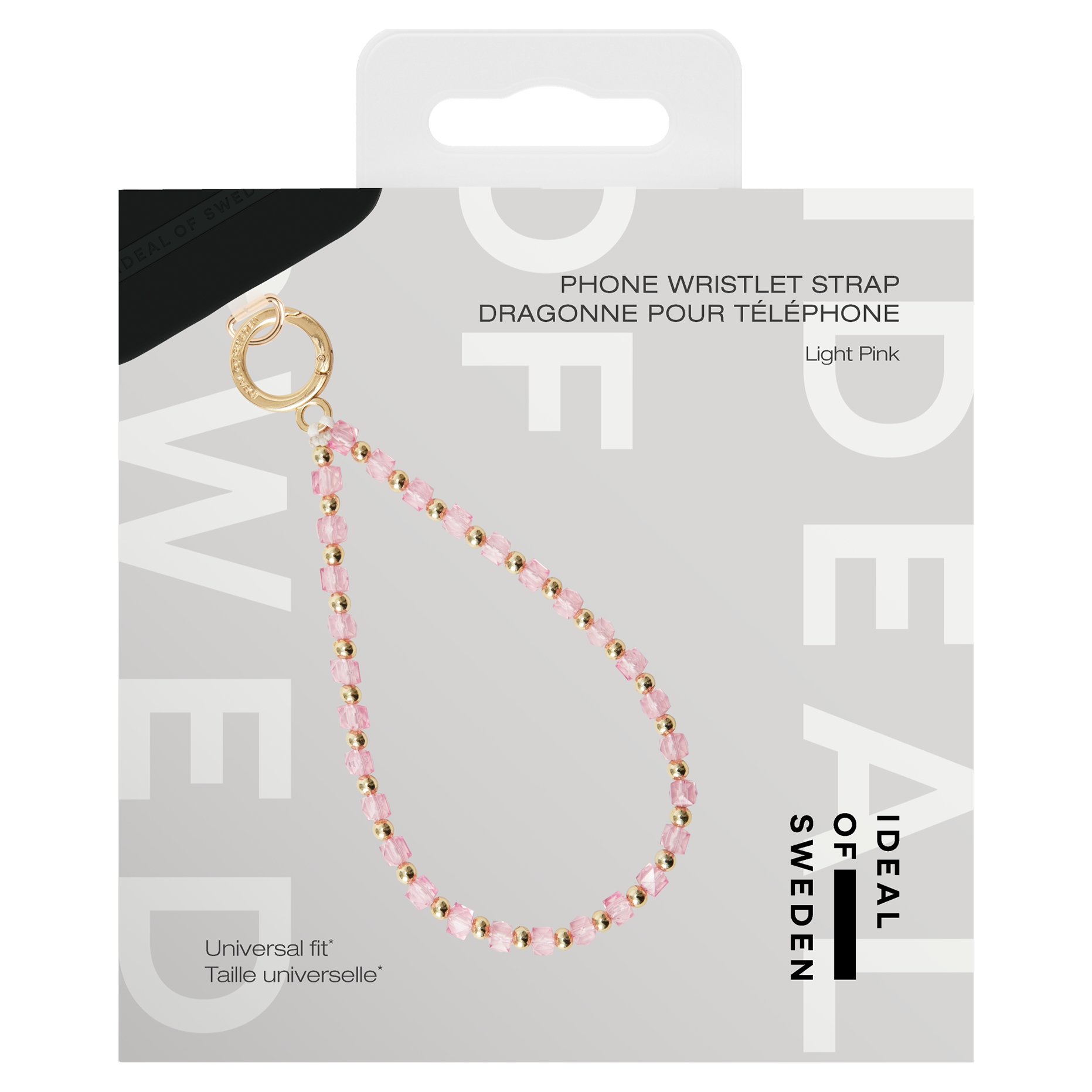 Ein hellrosa Handgelenkband aus Perlen mit goldener Hardware und dem Ideal of Sweden Logo.