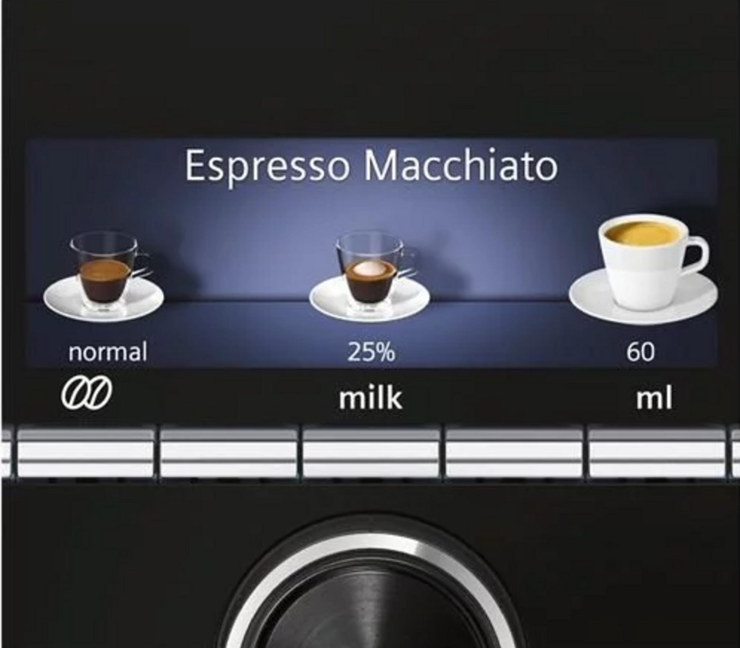 Espresso Macchiato-Einstellungen: normal, 25% Milch, 60 ml.