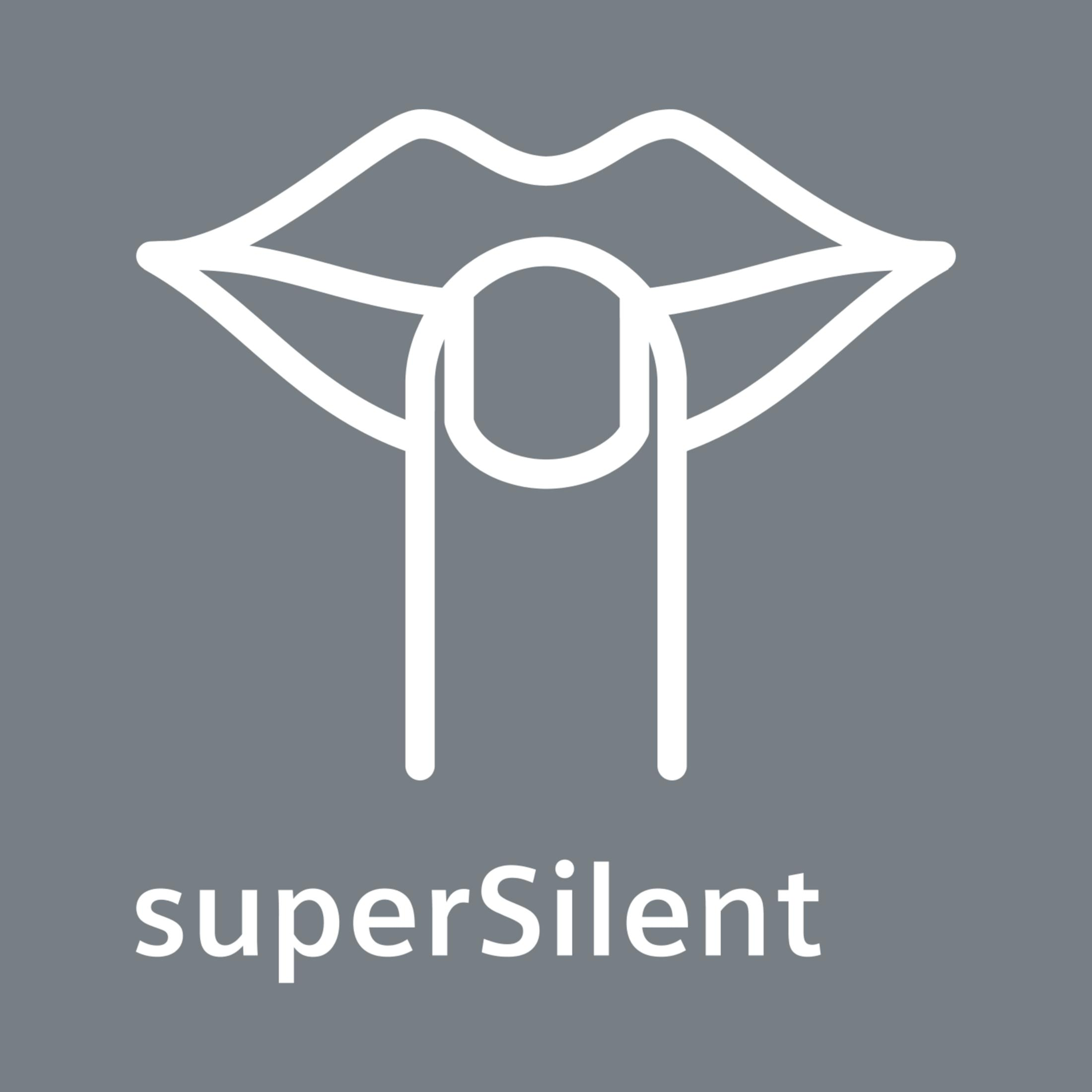 Ein Finger mit einem Nagel liegt auf geschlossenen Lippen. Der Text 'superSilent' ist darunter.