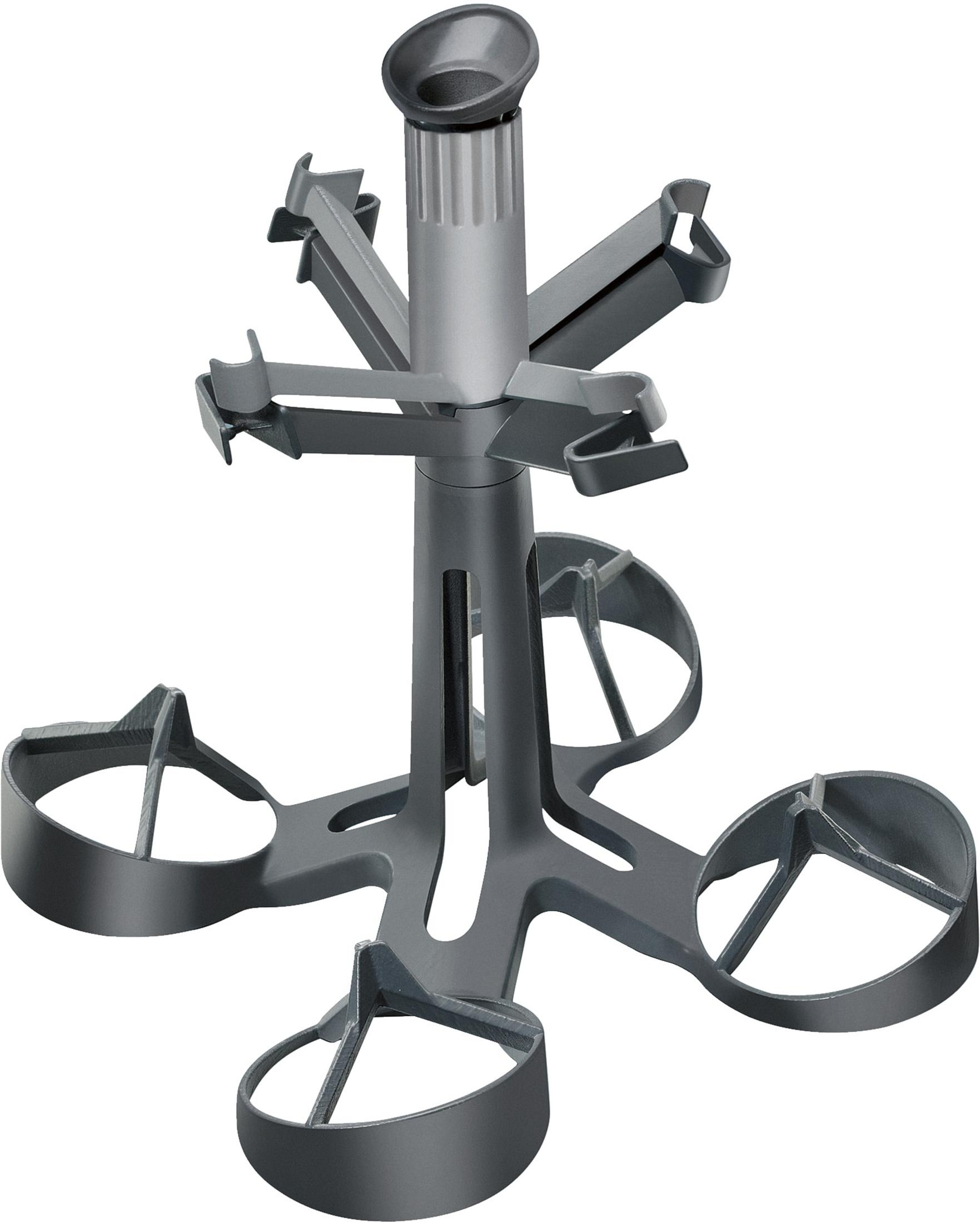 Szary organizer z wieloma ramionami i uchwytami na szklanki lub butelki.