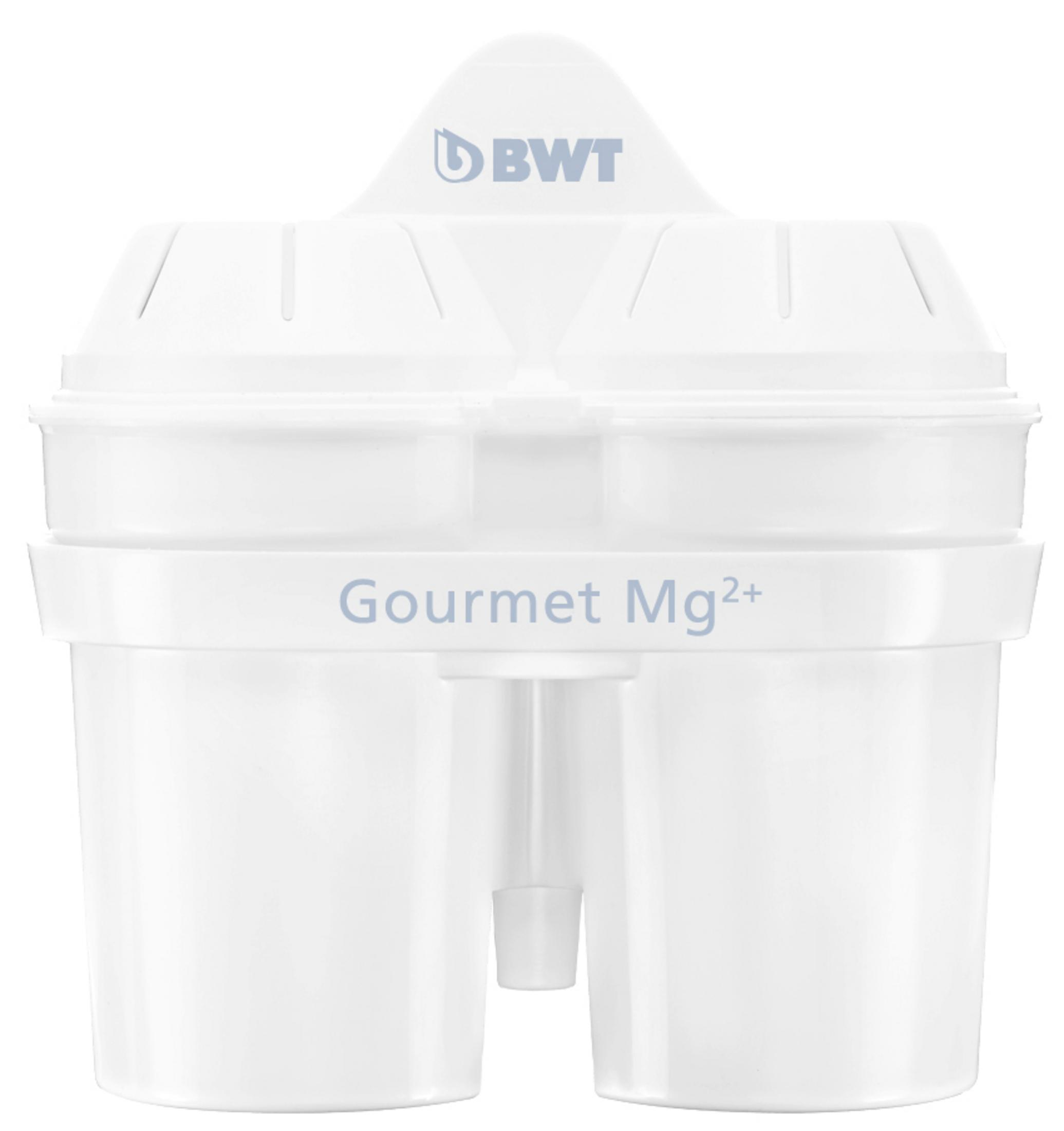 Ein weißer BWT Gourmet Mg2+ Wasserfilter mit Logo und Beschriftung.