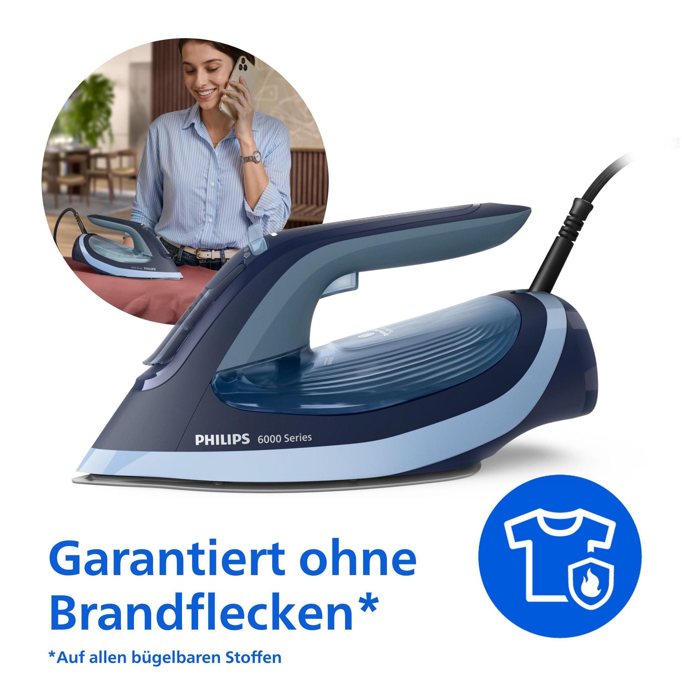 Ferro da stiro a vapore Philips 6000 Series con donna al telefono, testo: Garantito senza bruciature.