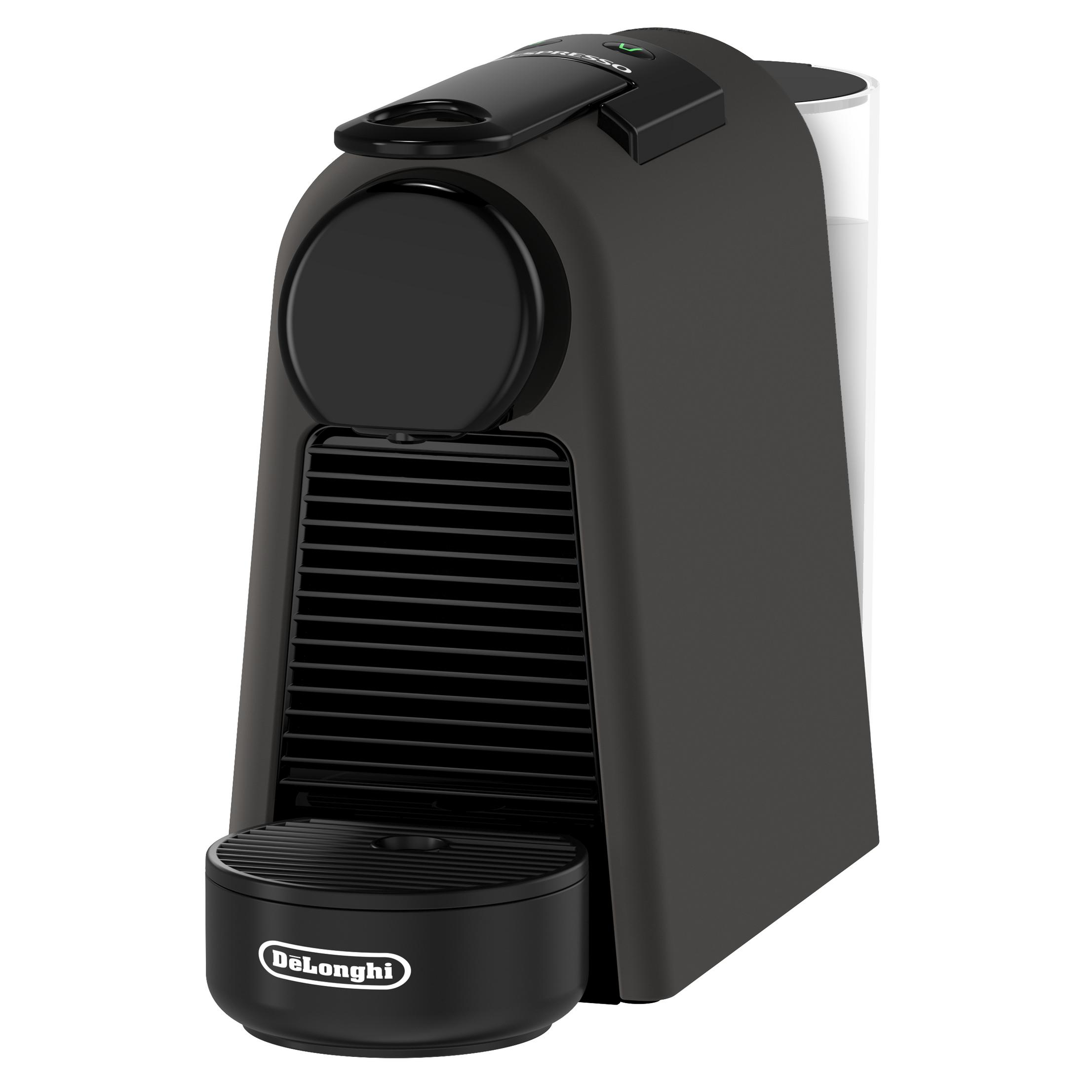 Eine dunkle Kaffeemaschine mit Wassertank, Tropfschale und Bedienelementen.