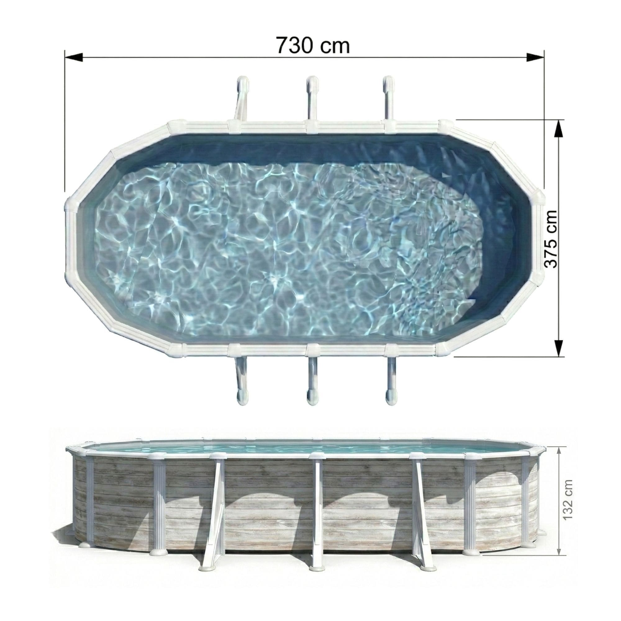 Piscina ovalada con pared de patrón de madera, agua azul y soportes blancos.