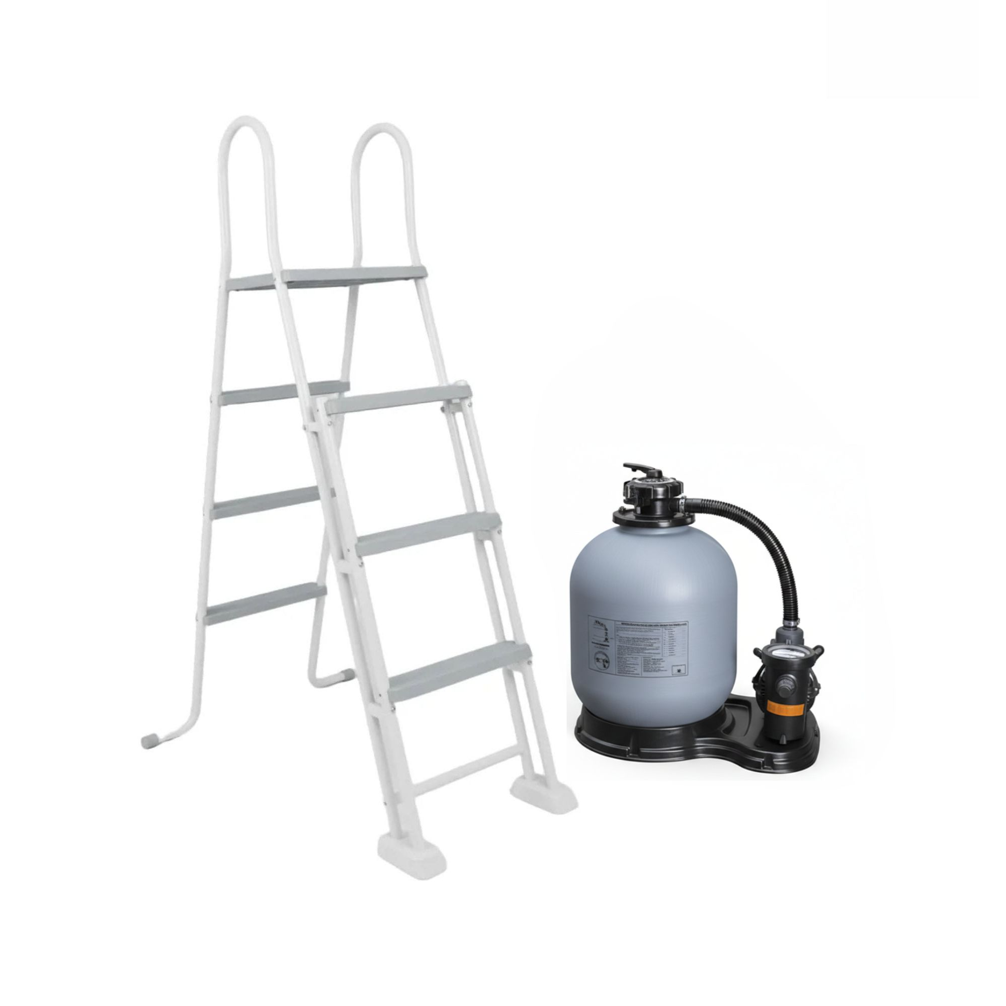 Una escalera blanca junto a un filtro de arena gris con bomba.