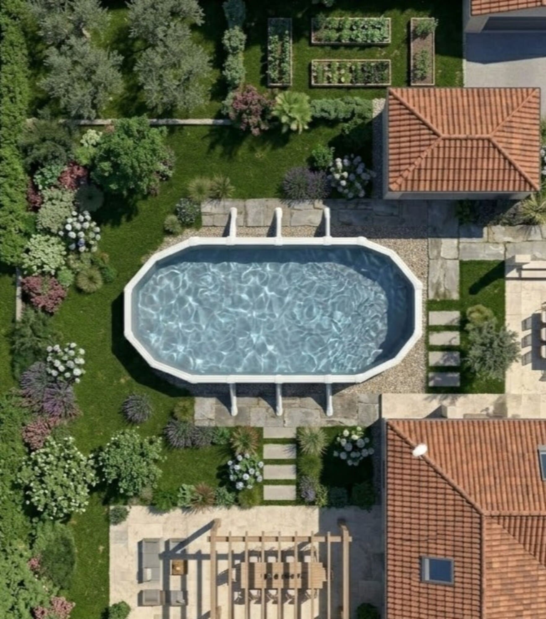 Una piscina octogonal rodeada de exuberante vegetación, árboles y dos casas.