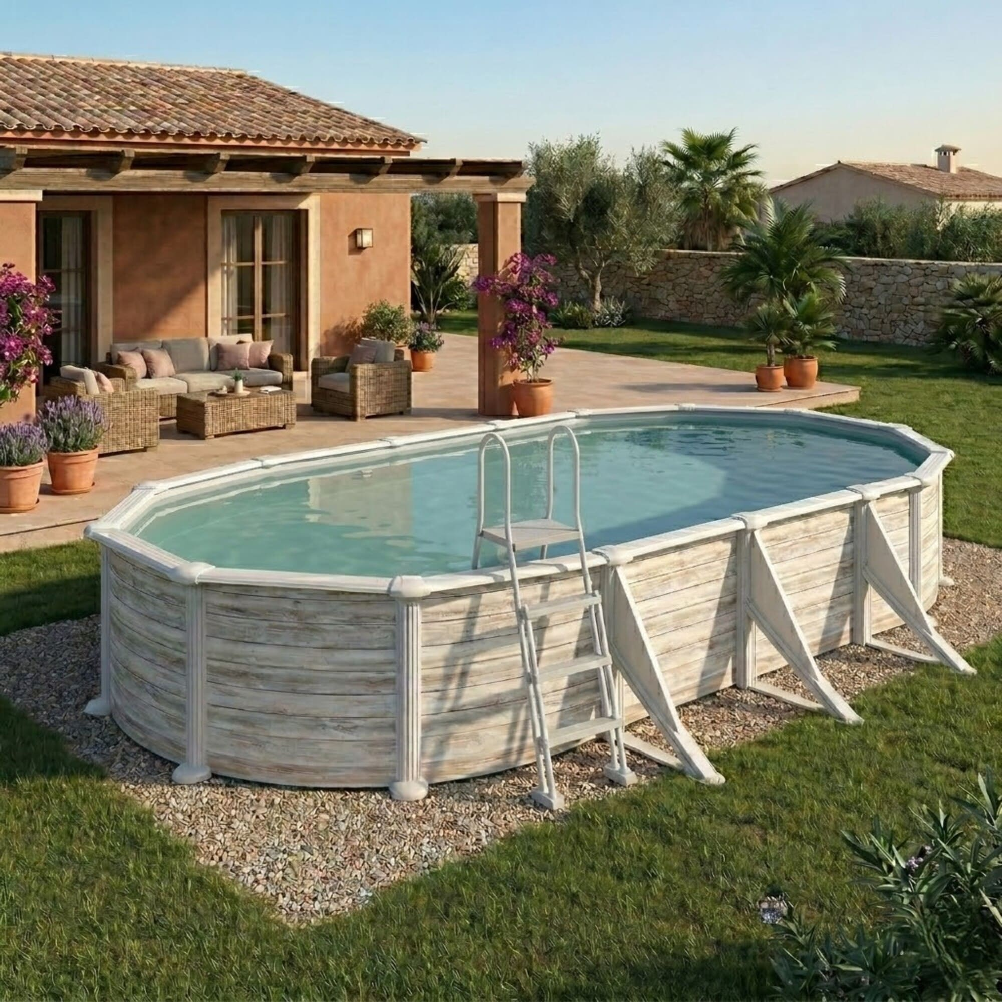 Una piscina ovalada de aspecto de madera con escalera se alza en el césped.
