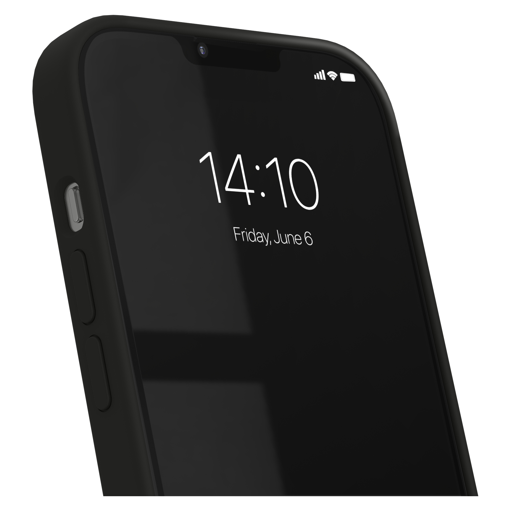 Schwarzes Smartphone mit schwarzer Hülle, das 14:10 Uhr anzeigt.