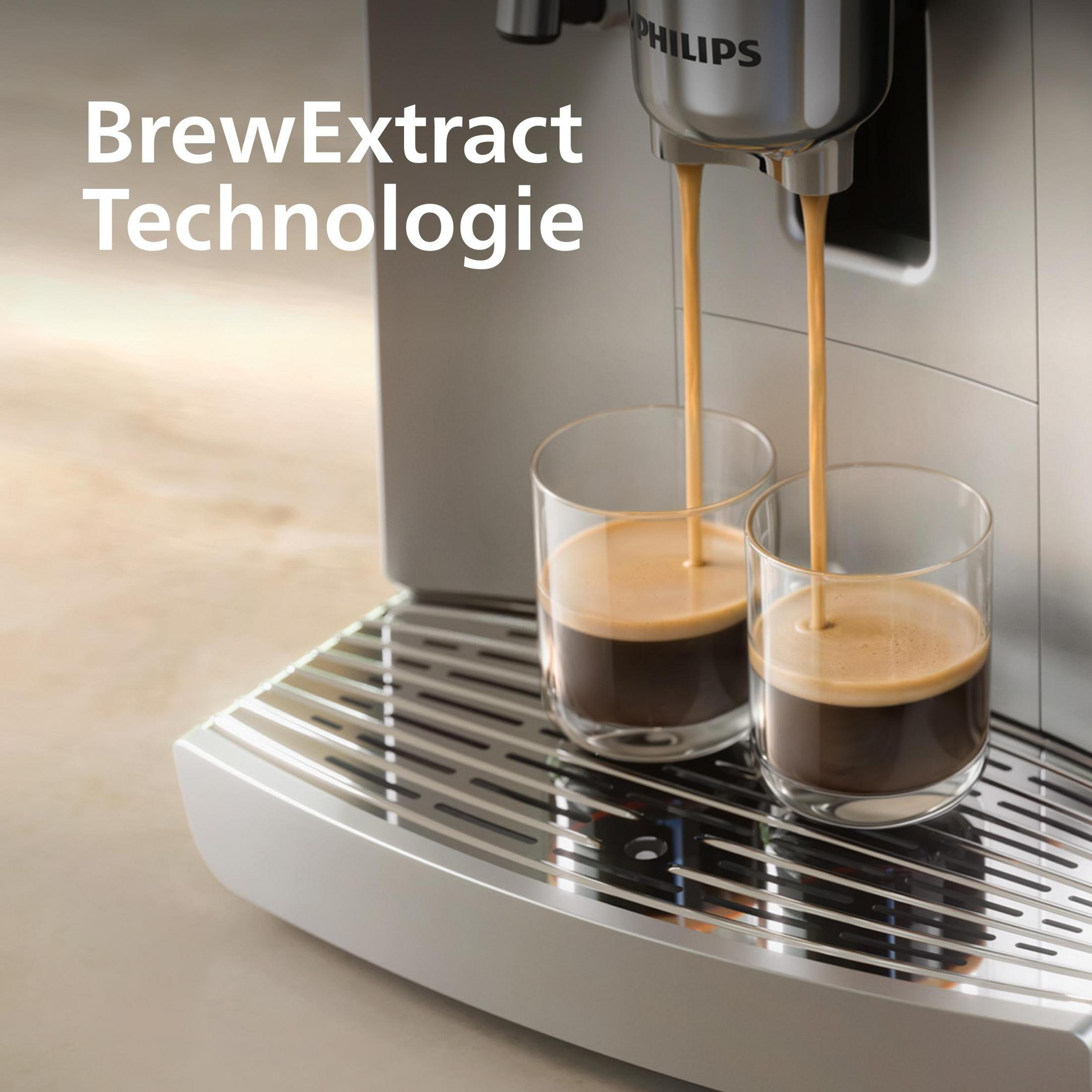 Kaffeemaschine brüht Espresso in zwei Gläser, Philips Logo sichtbar.