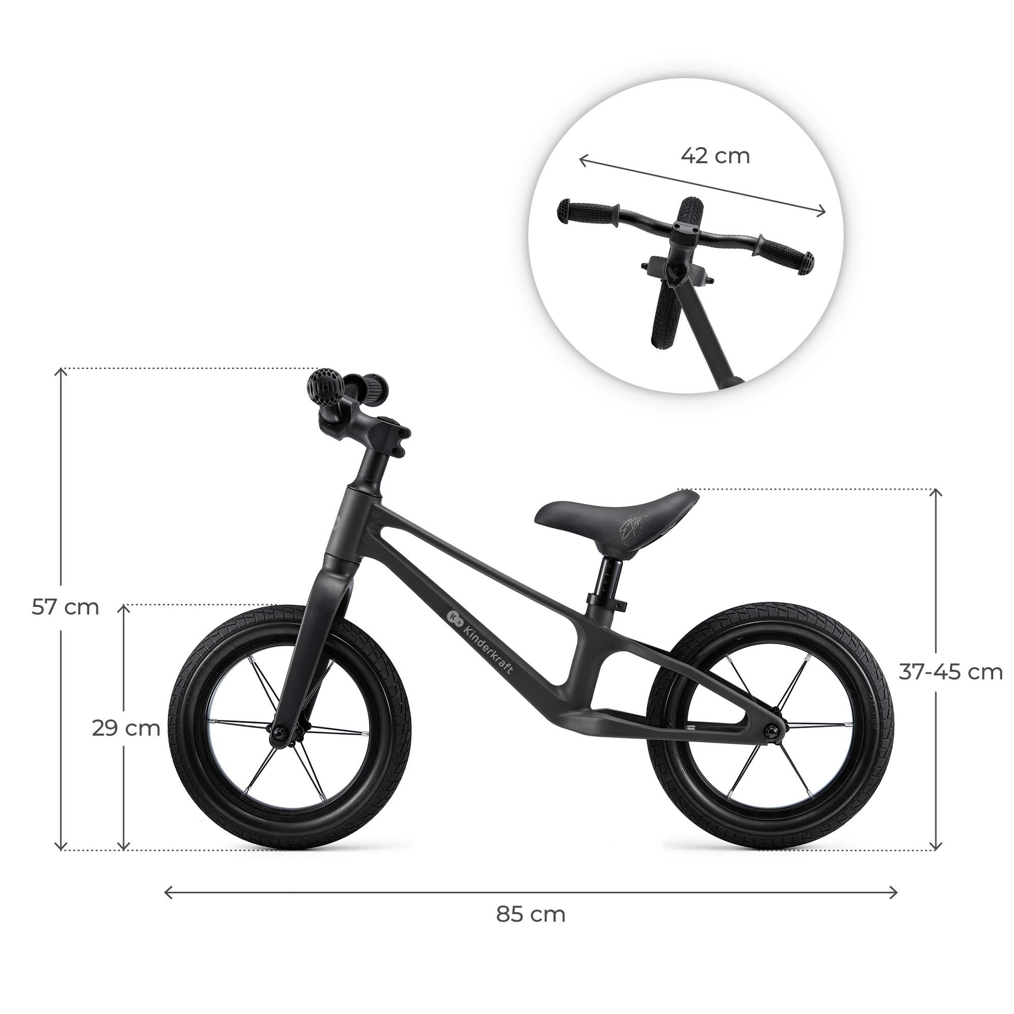 Schwarzes Laufrad mit Maßen: 85cm Länge, 57cm Höhe, 42cm Lenkerbreite.
