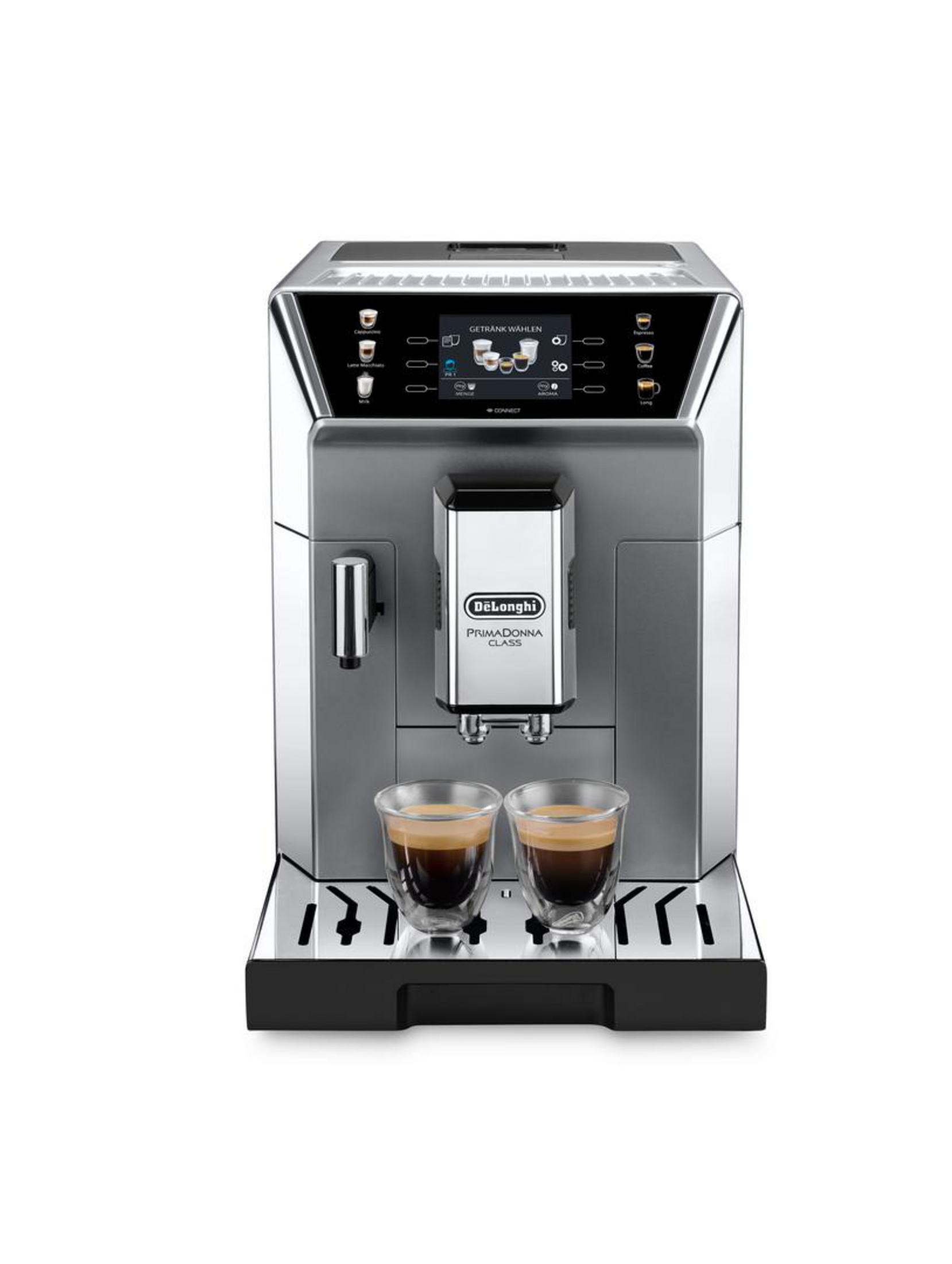 Ein silberner DeLonghi Kaffeevollautomat mit zwei Espressotassen.