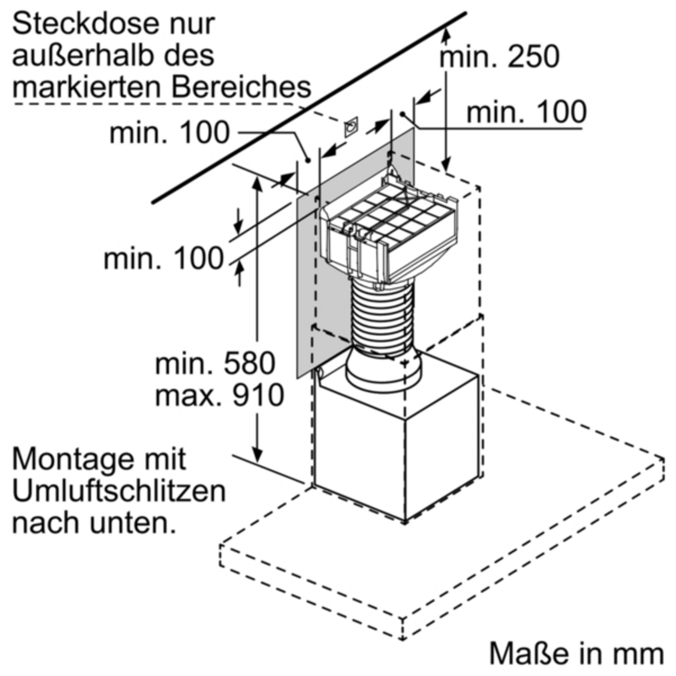 Technische Zeichnung eines Dunstabzugshaubenmoduls mit Maßangaben in mm.