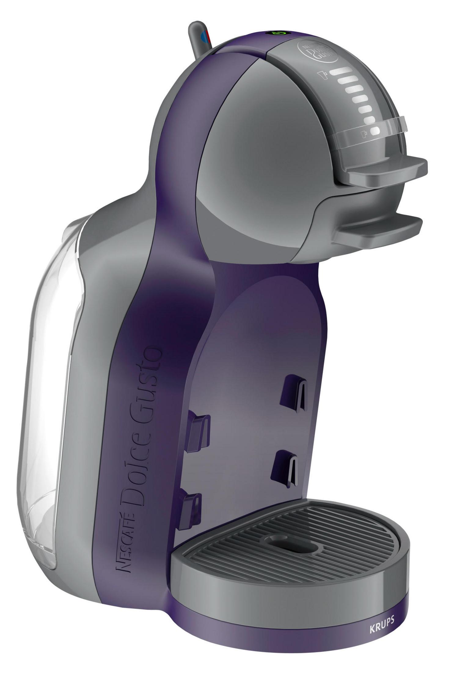 Graue und violette Kaffeemaschine mit Wassertank und Tropfschale.