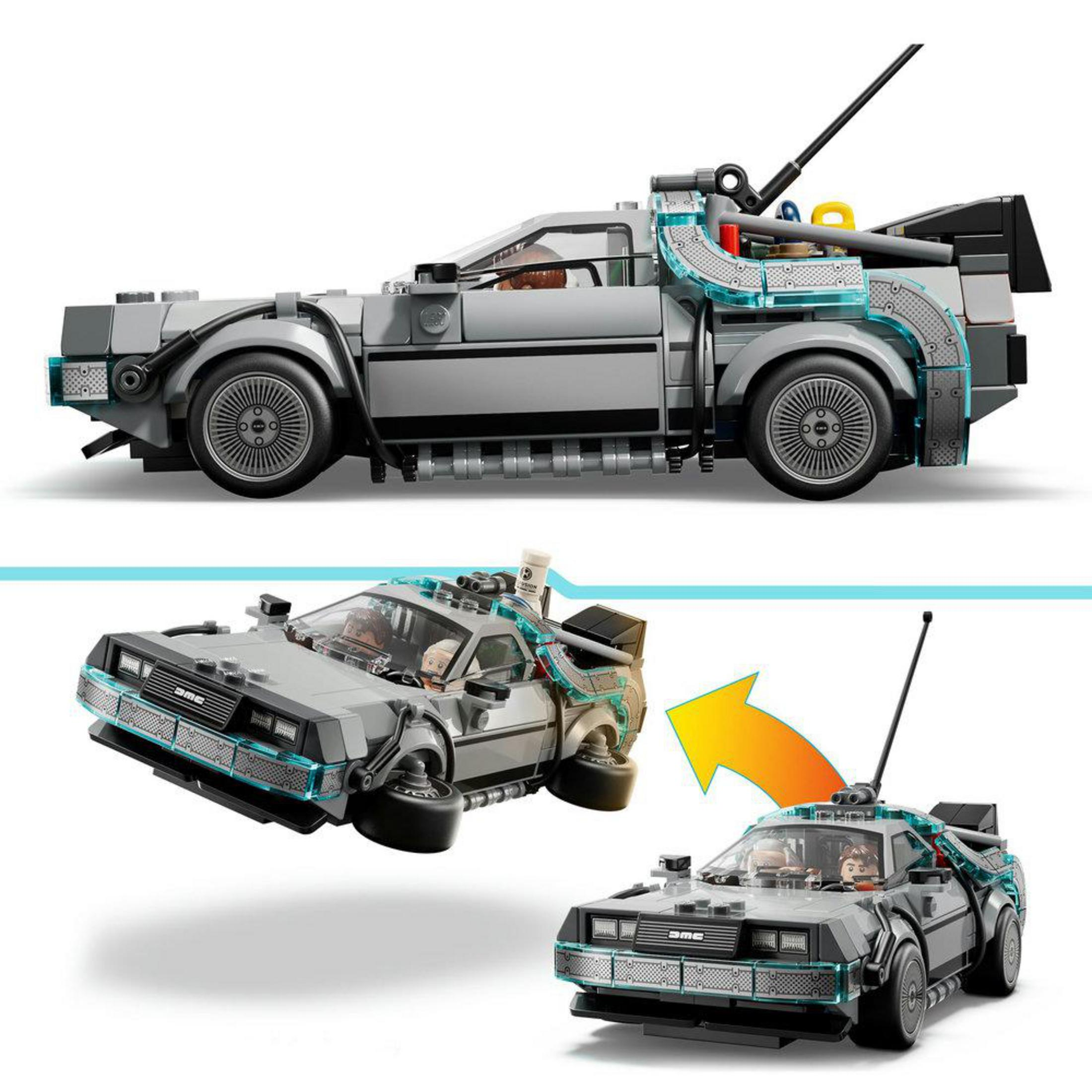 Model samochodu DeLorean maszyna czasu Lego, w locie i na ziemi.