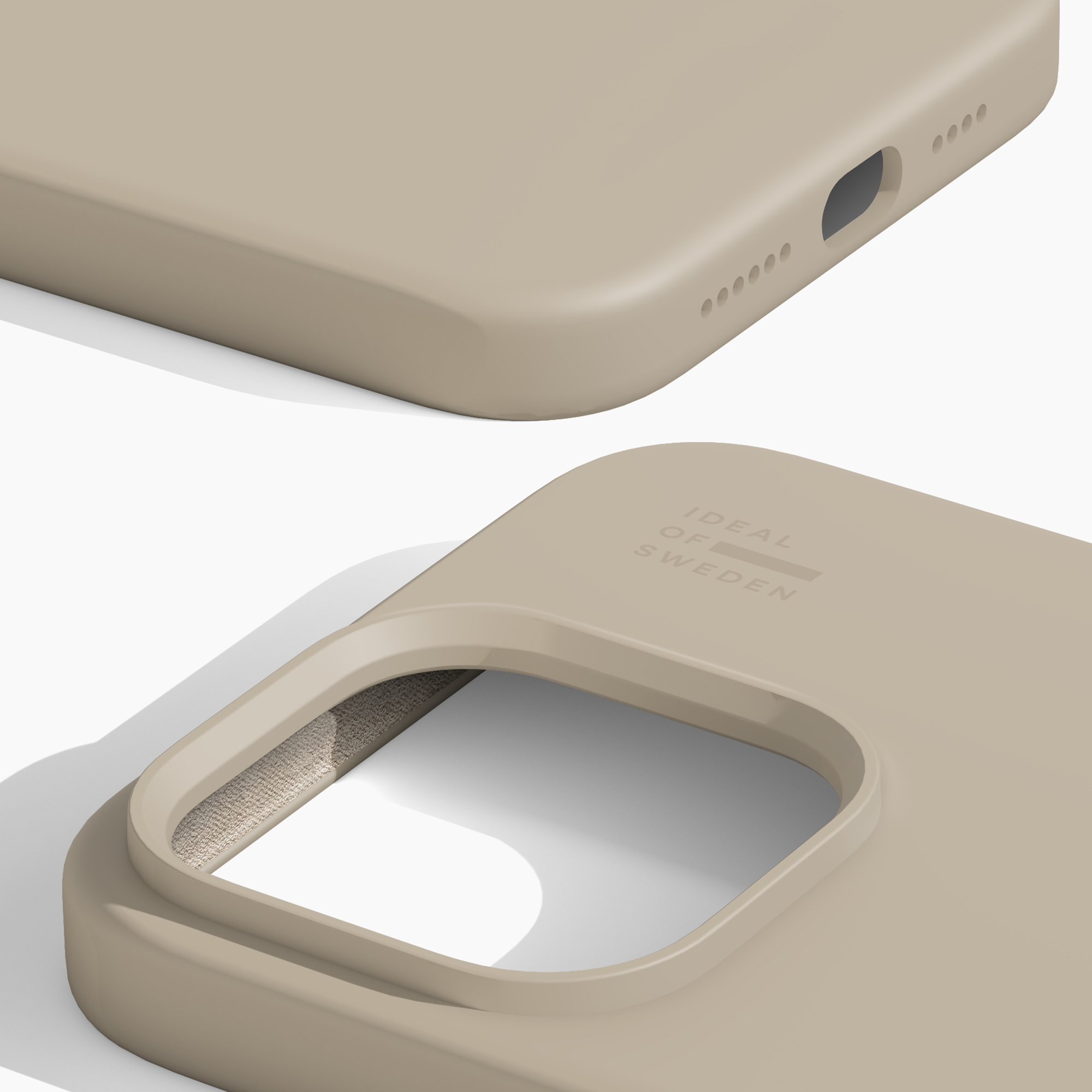 Eine beige Handyhülle mit Kamerabereich aus Stoff.