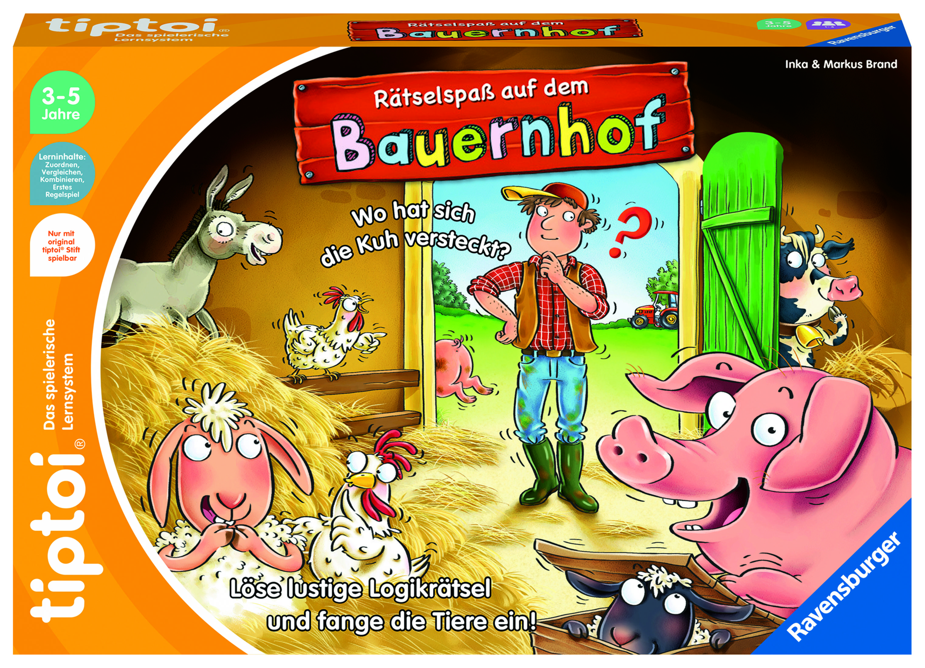 Spielverpackung mit Bauernhof-Motiv, Tieren und einem Bauern.