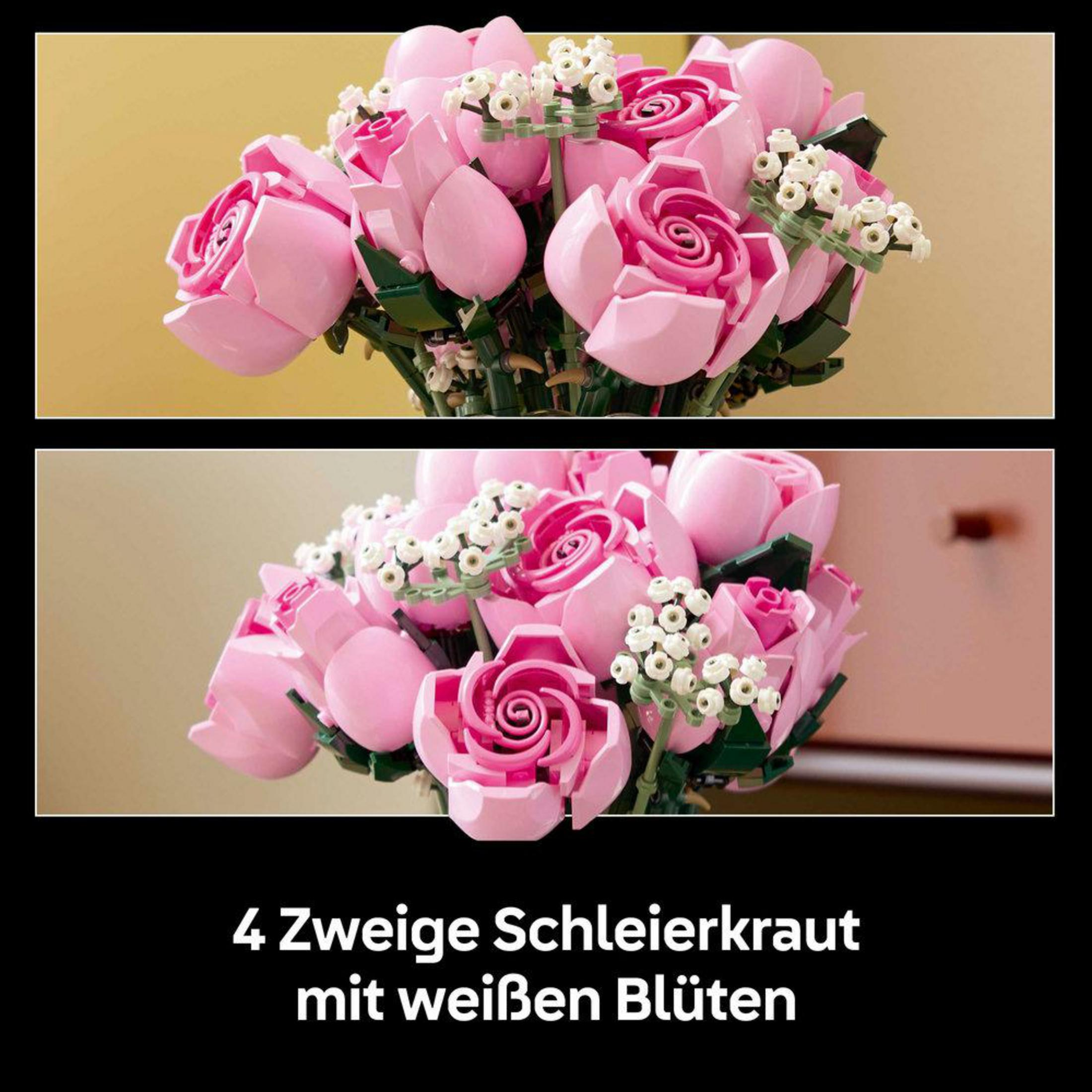 Bukiet różowych róż Lego z małymi białymi kwiatami.