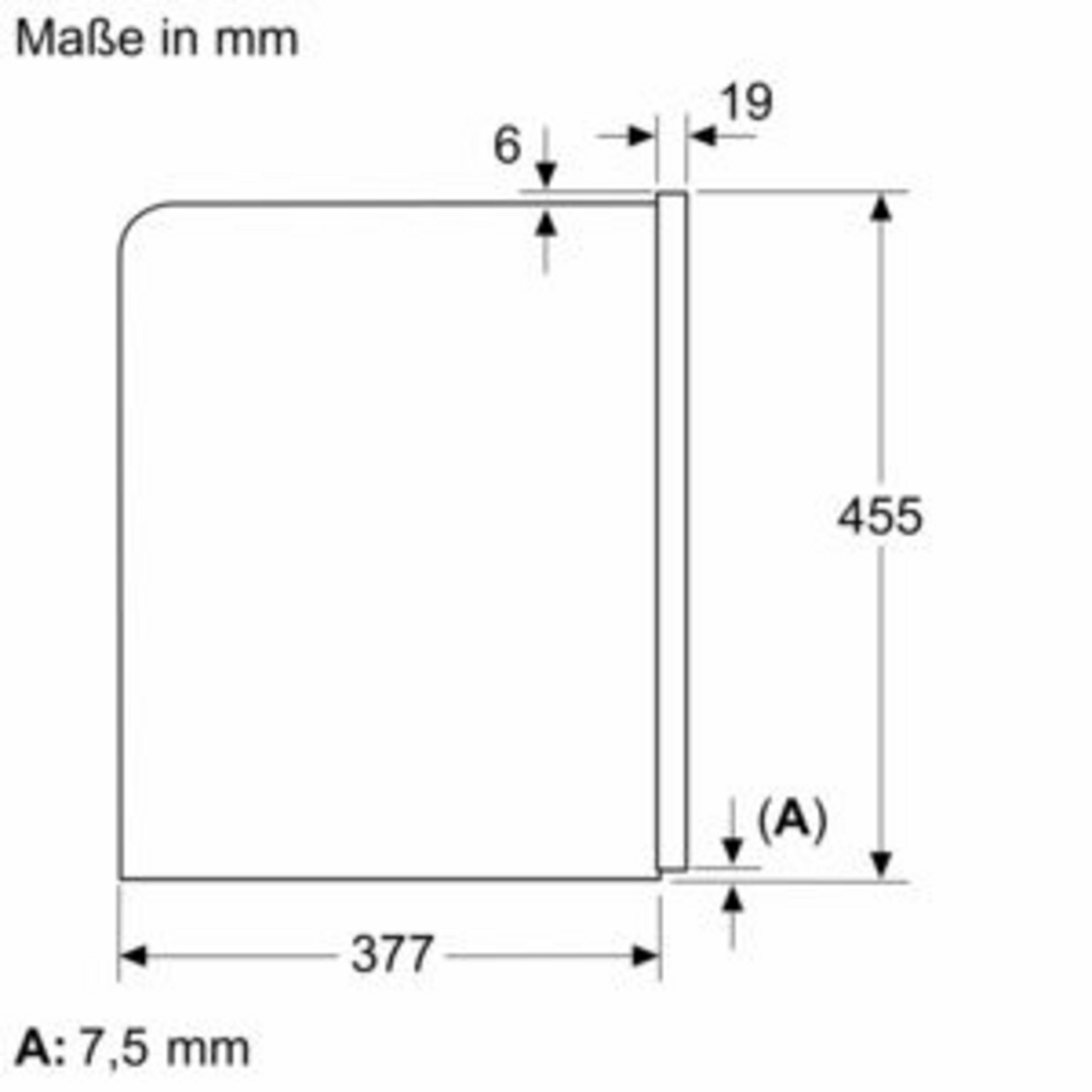 Technische Zeichnung mit Maßen: Breite 377 mm, Höhe 455 mm, Tiefe 19 mm.