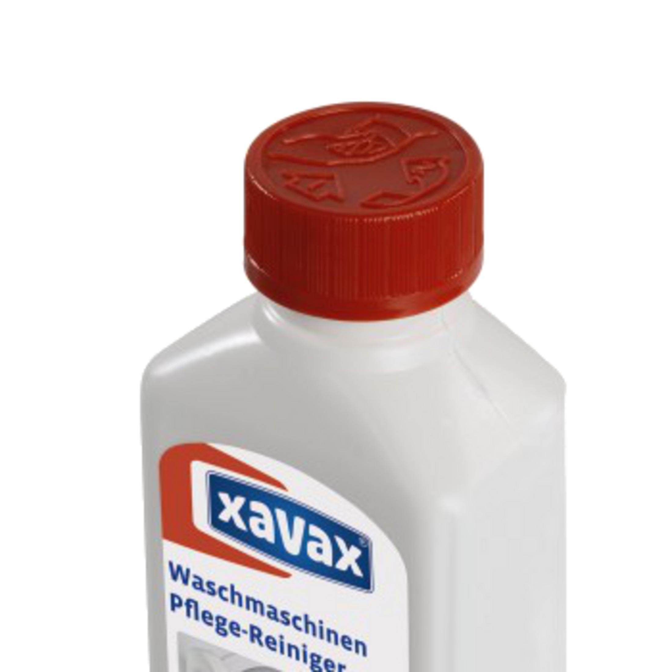 Flacone bianco con tappo a vite rosso e logo Xavax per cura lavatrice.