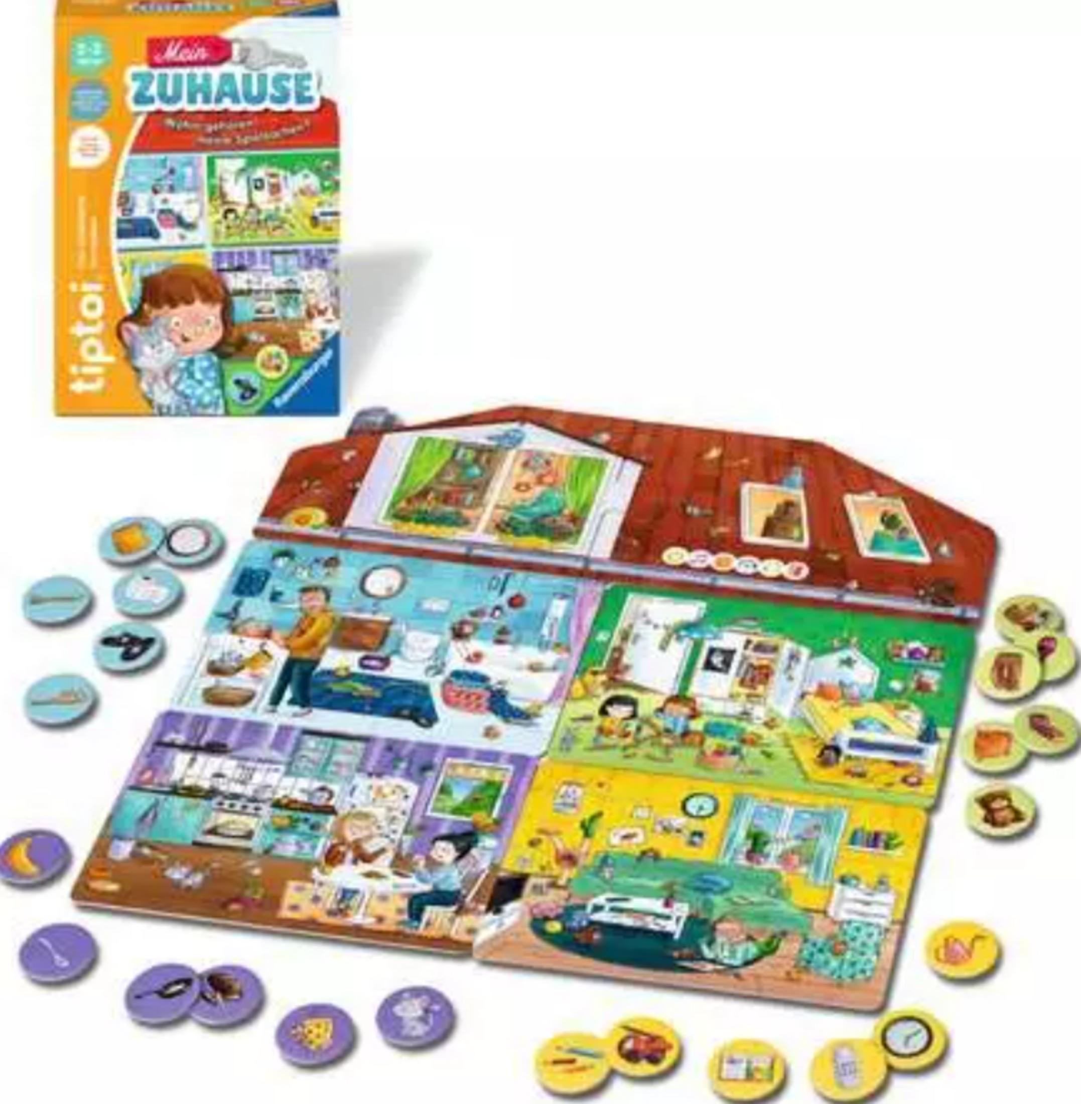 Tiptoi Buch Mein Zuhause mit Spielbrett und vielen runden Spielmarkern.