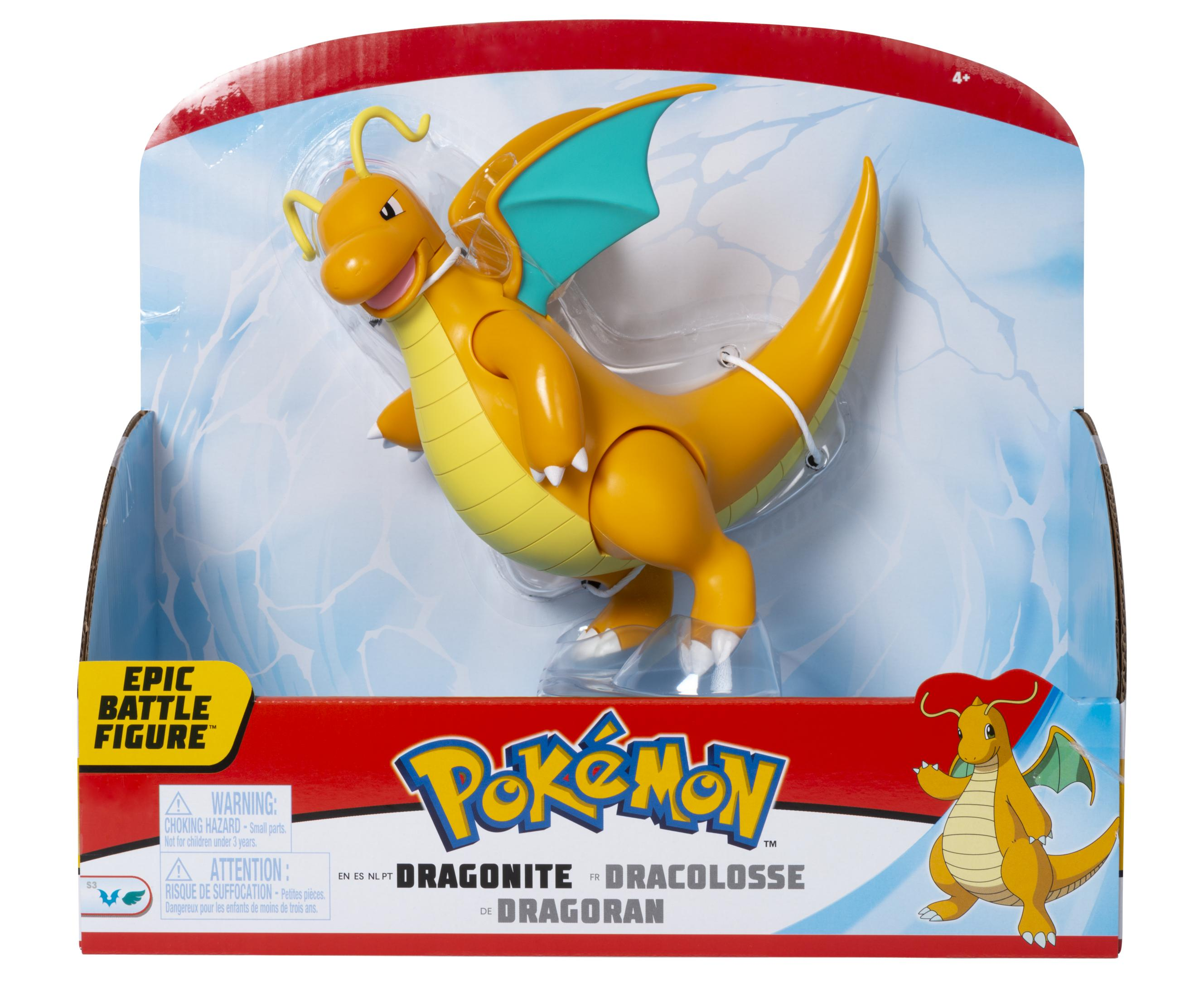 Eine gelbe Drachen-Actionfigur von Dragonite in einer Verpackung mit Pokémon-Logo.