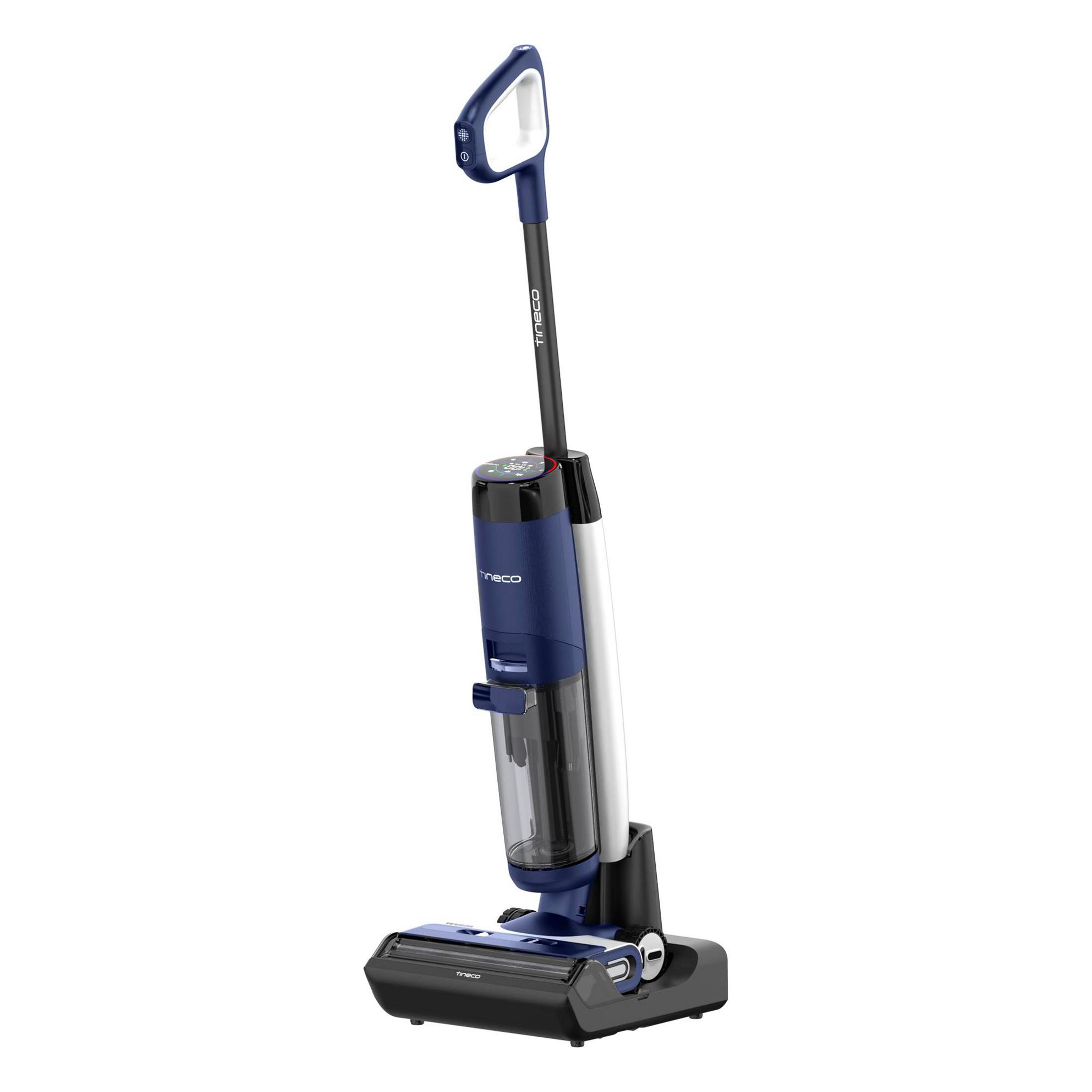 Aspirapolvere blu e bianco su base di ricarica, con manico e dettagli neri.