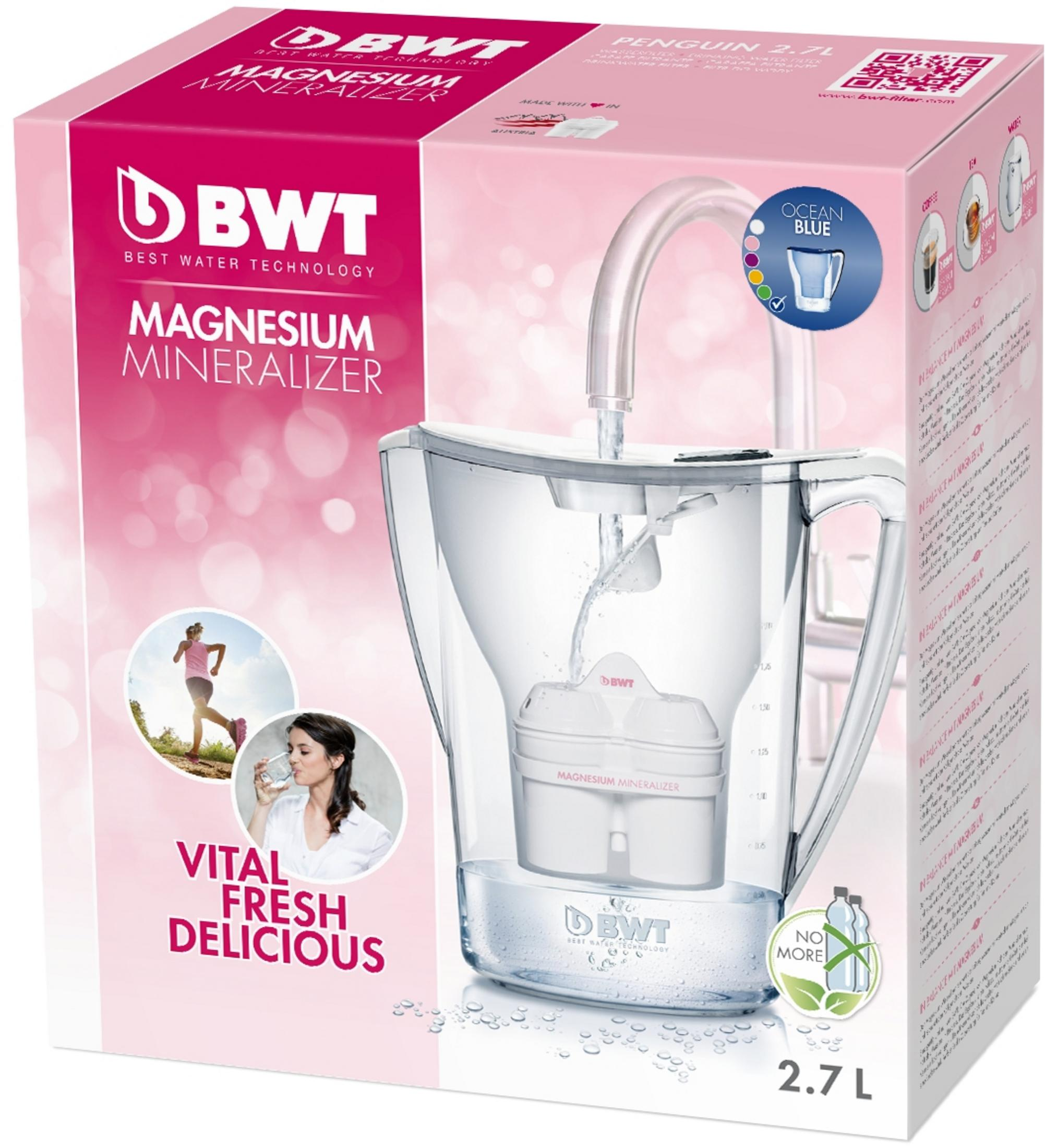 Confezione filtro acqua BWT con caraffa filtrante bianca e flusso d'acqua.