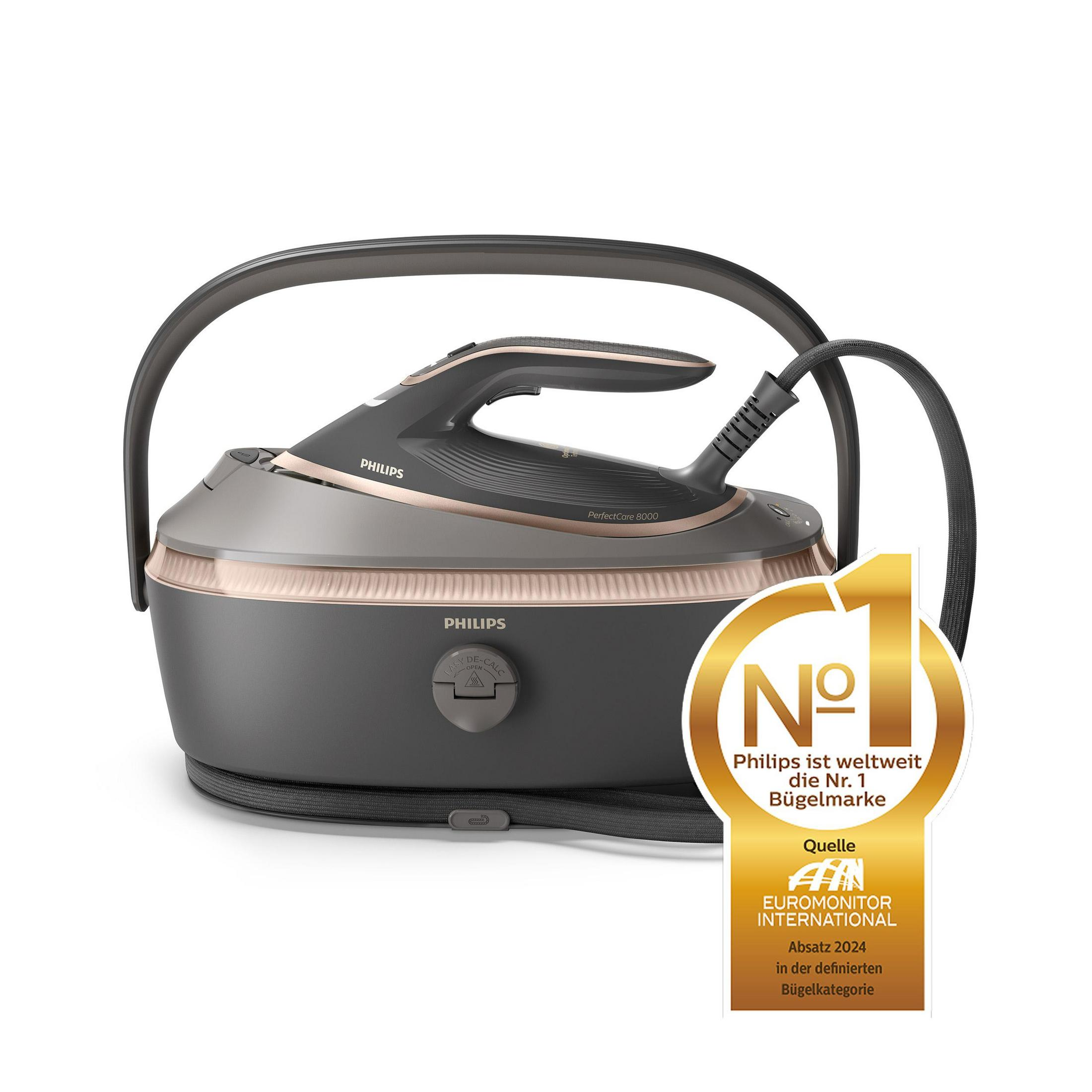Graues Philips PerfectCare 8000 Dampfbügeleisen mit goldenem Aufkleber Nr. 1.