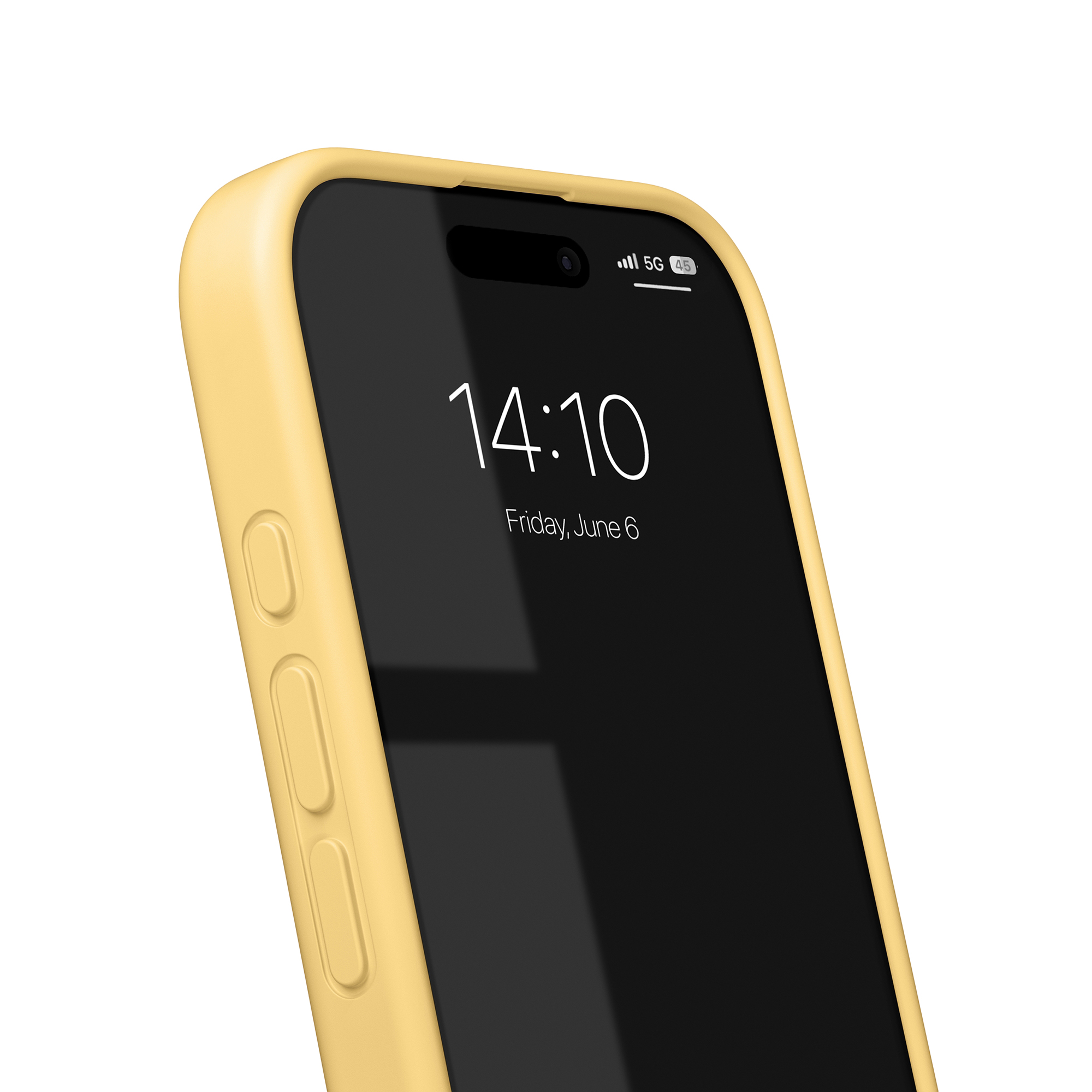 Ein gelbes iPhone-Gehäuse mit schwarzem Bildschirm, das 14:10 anzeigt.