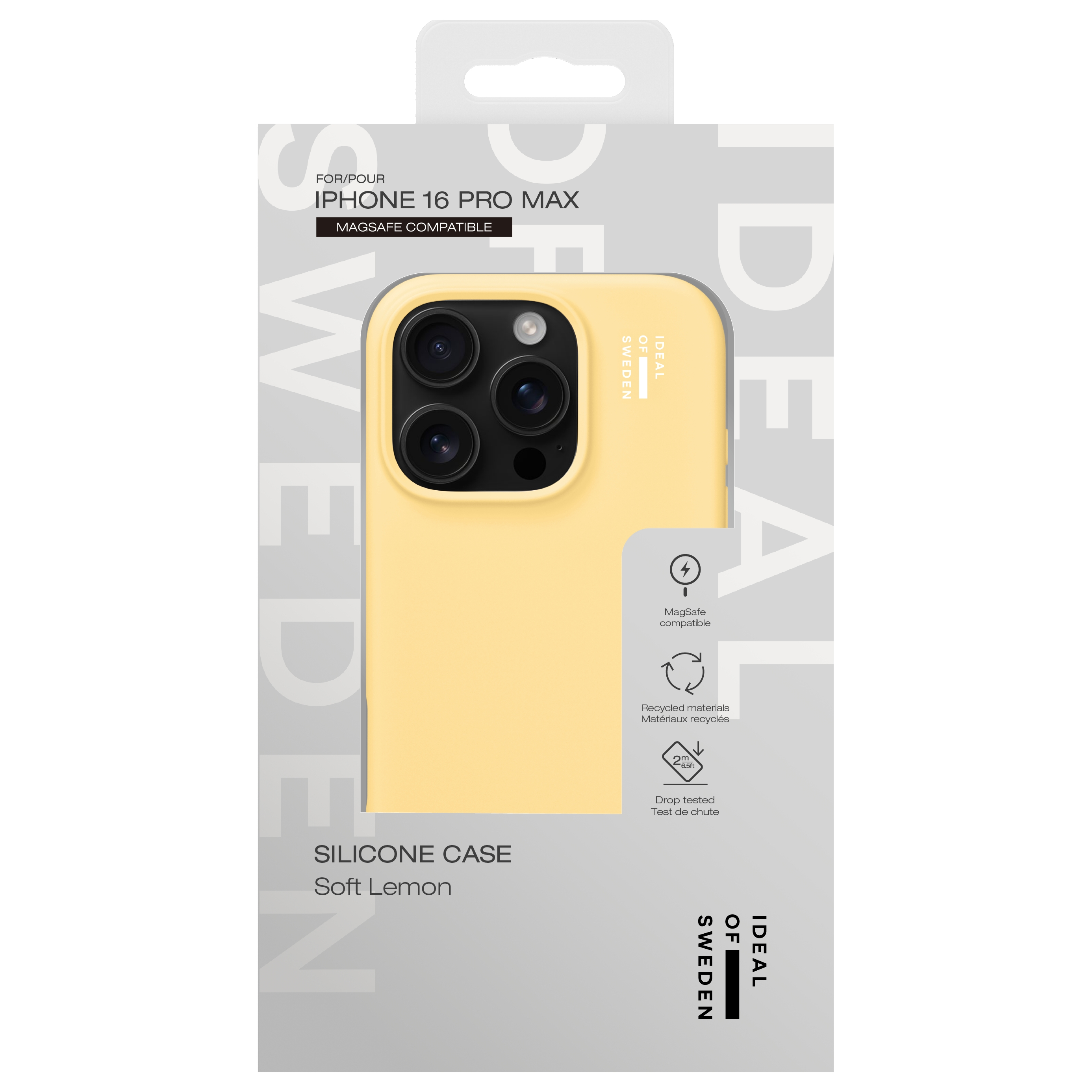 Gelbe Handyhülle für iPhone 16 Pro Max, MagSafe-kompatibel, mit drei Kameras.