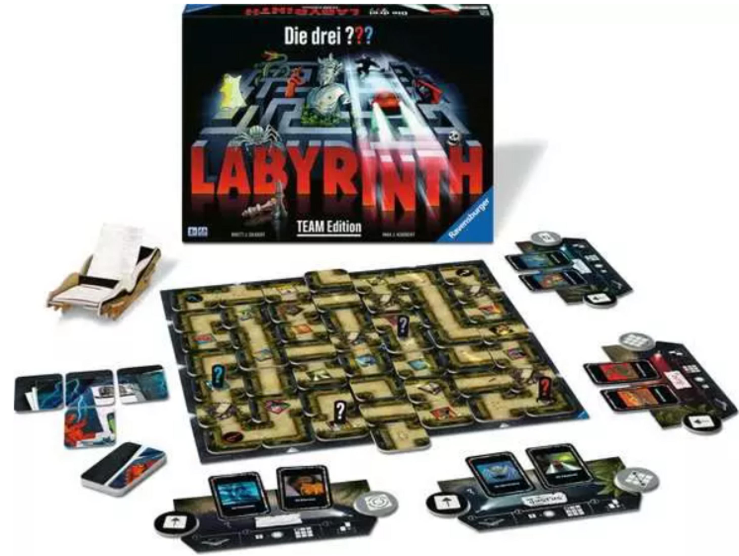Il gioco da tavolo Labyrinth Team Edition con tabellone, carte e pedine.